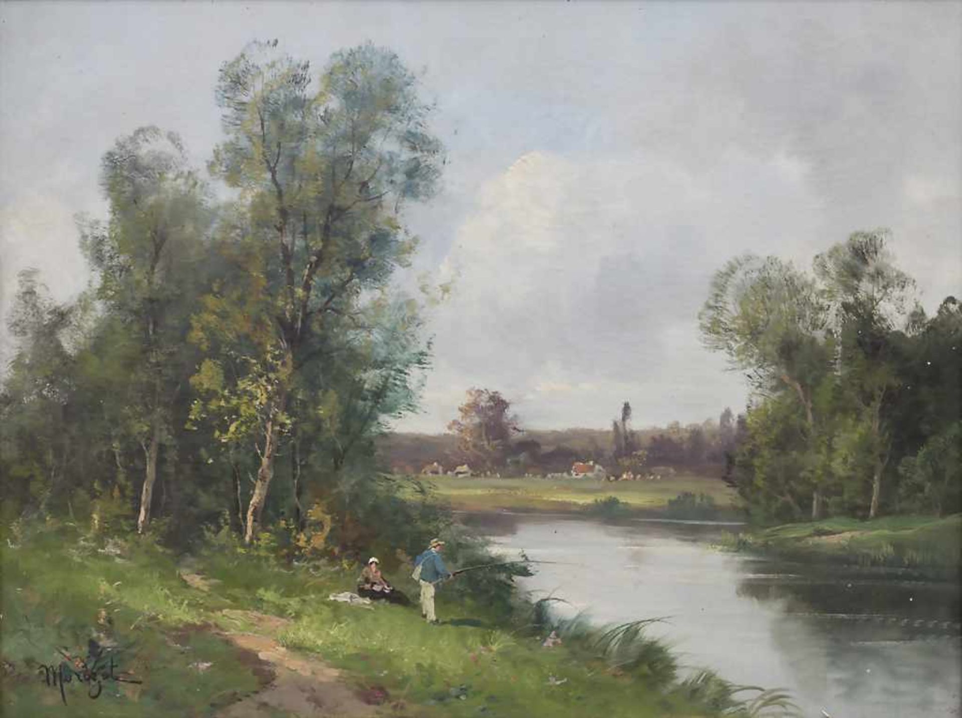 Edma Morisot-Pontillon (1839-1921), 'Flusslandschaft mit Angler und Frau' / 'A riverscape with