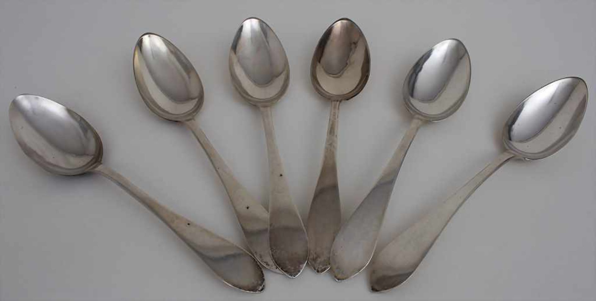 6 Löffel / 6 silver spoons, Aisne (Laon), 1809-1819Material: Silber 800,Punzierung: Hahn-Marke,