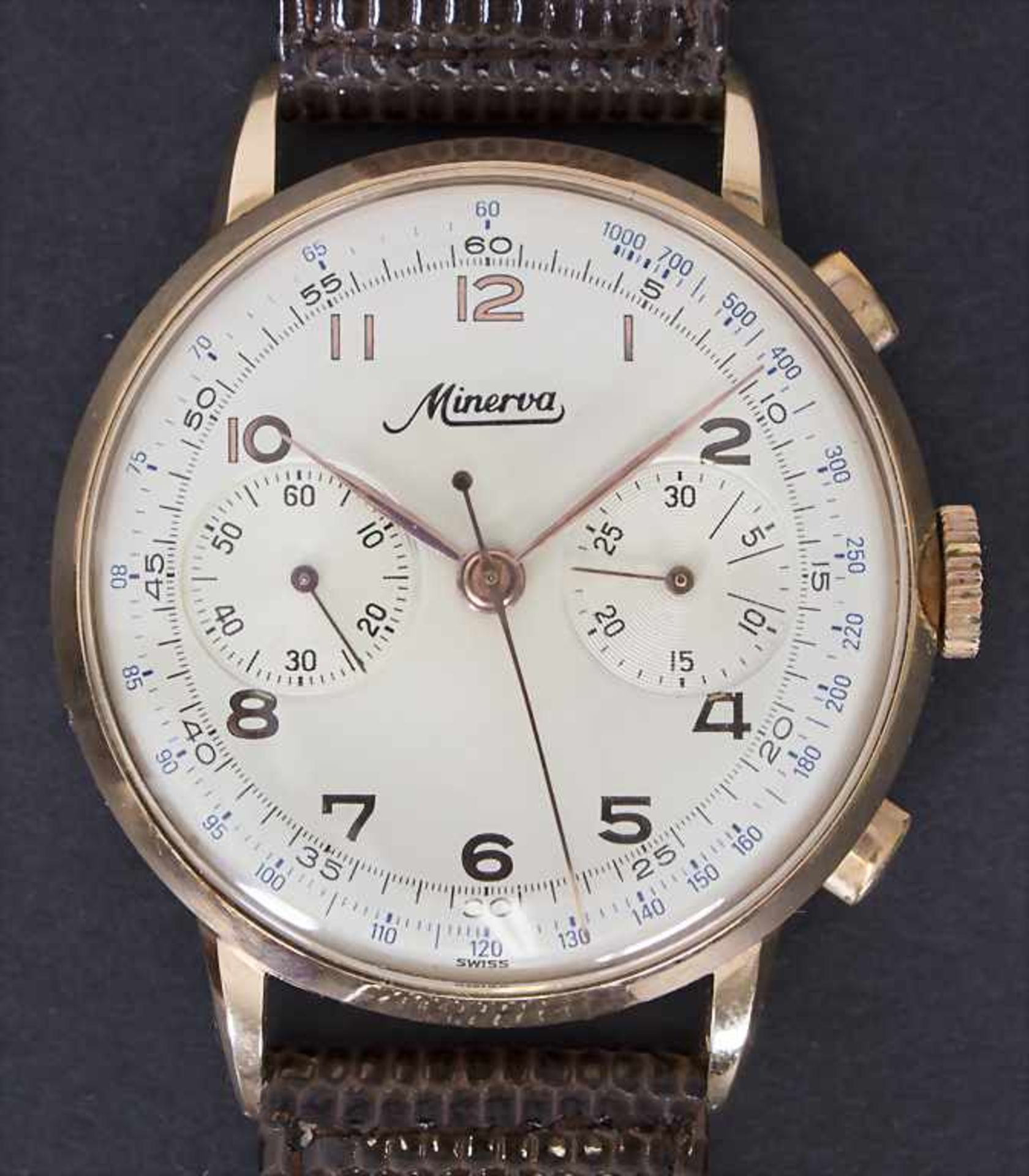 Chronograph, Minerva Watch & Co, Schweiz, um 1950Gehäuse: Gold 18 Kt 750/000 gepunzt, Nr. 873495,