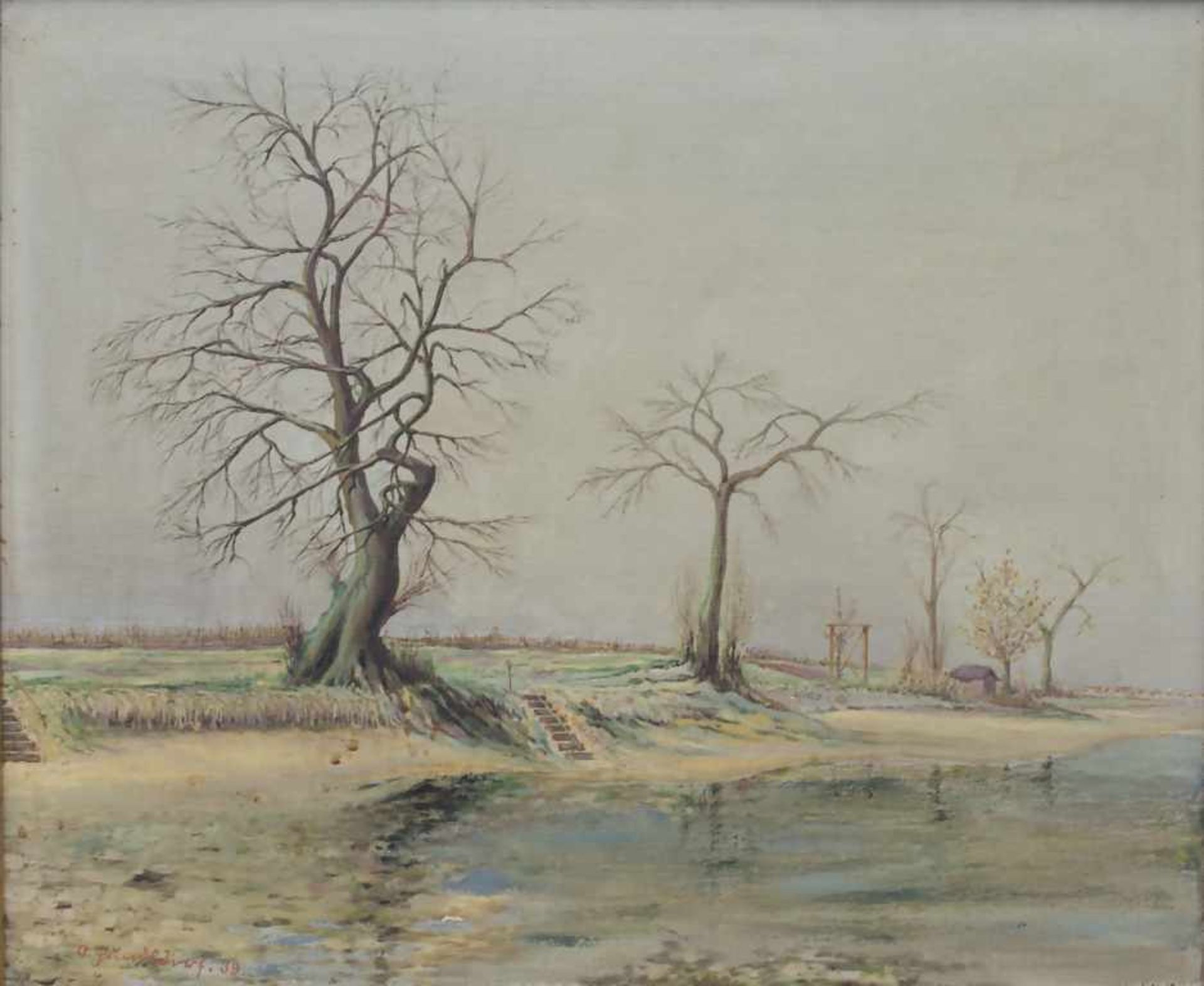 Künstler der 1930er Jahre, 'Baumbestandenes Flussufer' / 'A tree flanked river bank'Technik: Öl