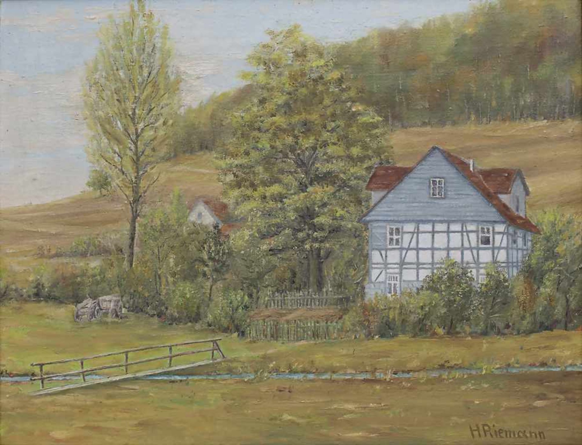 H. Riemann (20. Jh.), 'Fachwerkhaus in Hügellandschaft' / 'A timbered house in a hilly landscape'