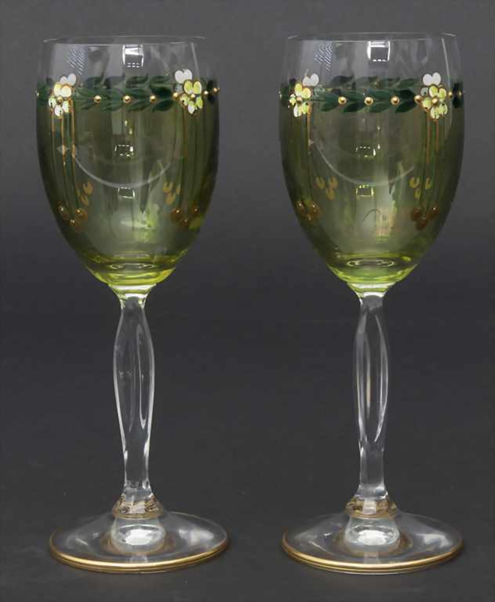 2 Art Déco Weingläser / 2 wine glasses, deutsch, um 1920Material: Kristallglas, Emailmalerei mit