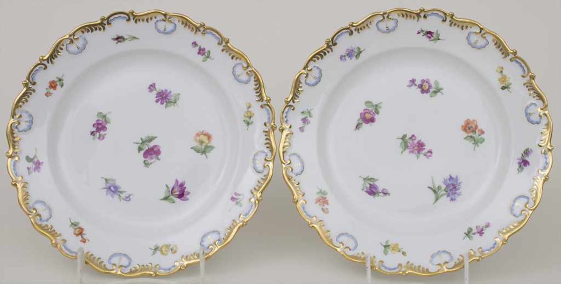 Paar Teller mit Streublumen und Goldranken / A pair of plates with scattered flowers and gold