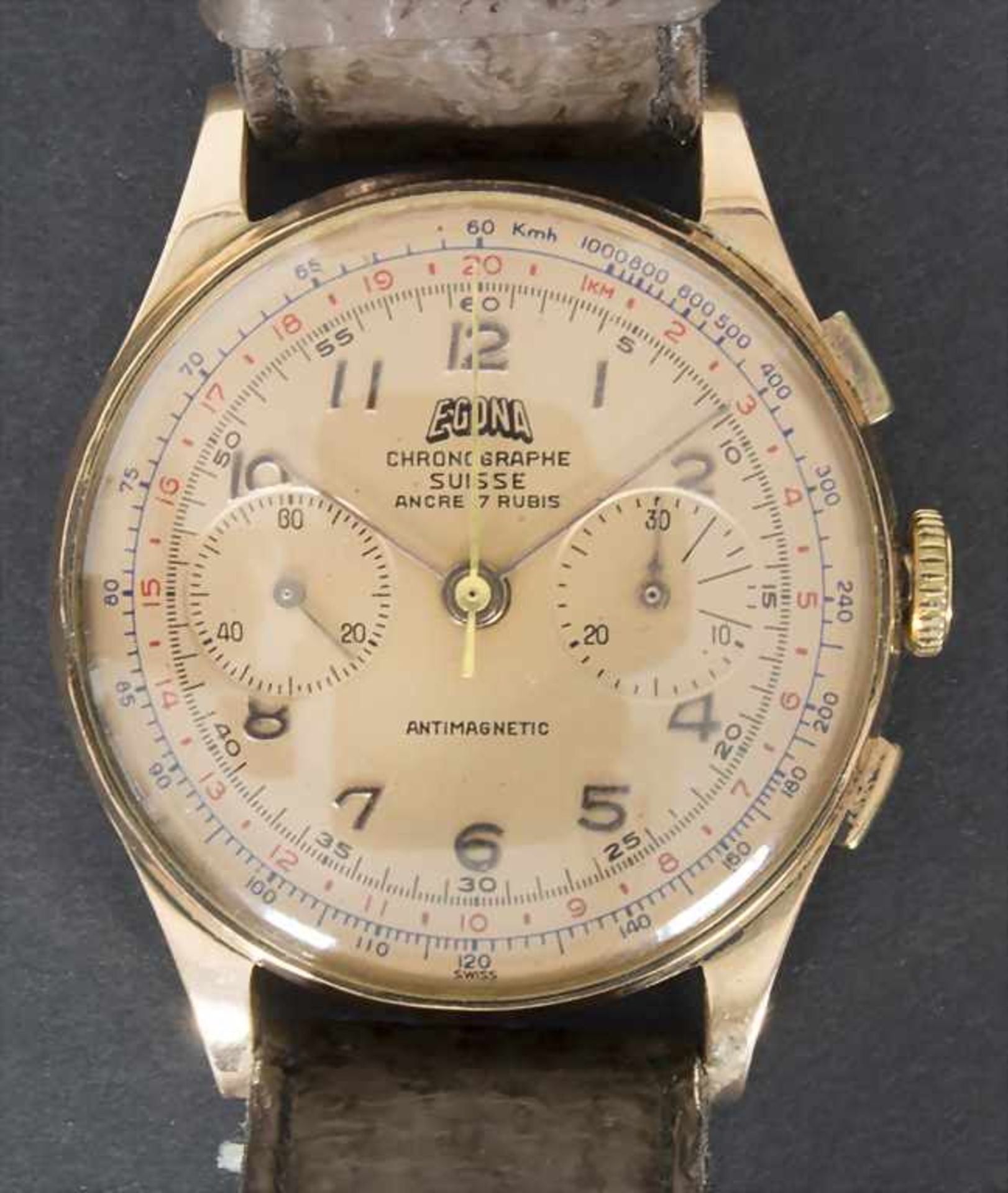 HAU / A men's watch, EGONA, Chronograph, Schweiz/Swiss, um 1960Gehäuse: Gold 18 Kt 750/000