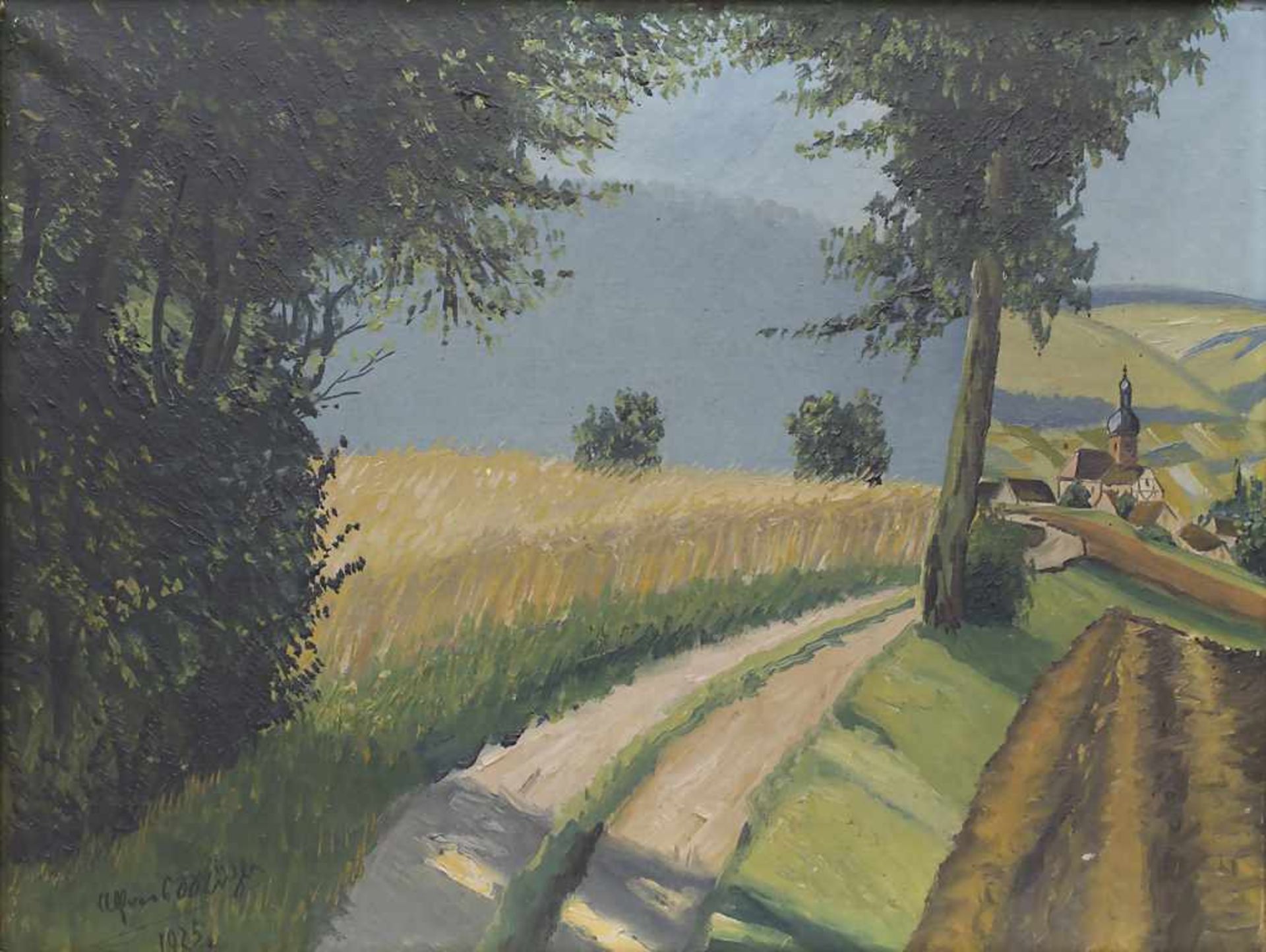 Alfred Mühls (tätig um 1925), 'Landschaft mit Weizenfeld und Dorf' / 'A landscape with a wheat field
