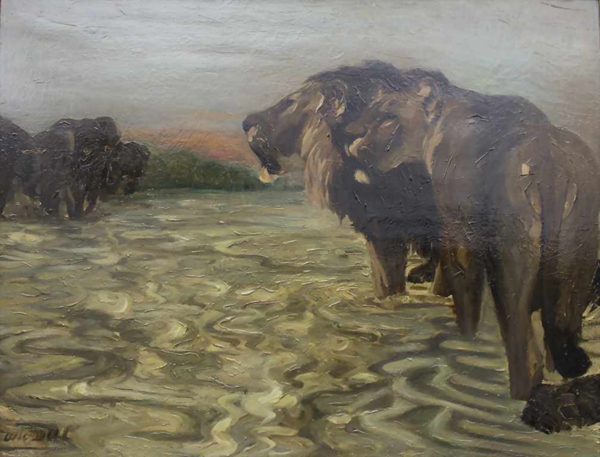 Otto Dill (1884-1957), 'Löwenpaar vor Elefantengruppe' / 'A lion couple and an elephant group'