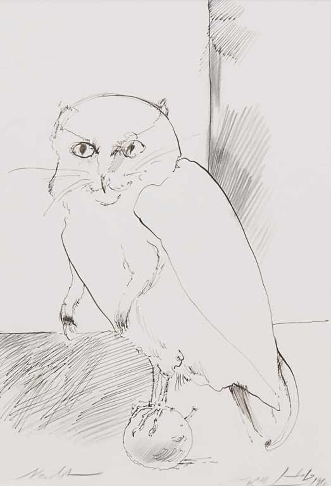 Werner Holz (1948-1991), 'Eule' / 'An owl'Technik: Tusche / Bleistift auf Papier, gerahmt, hinter