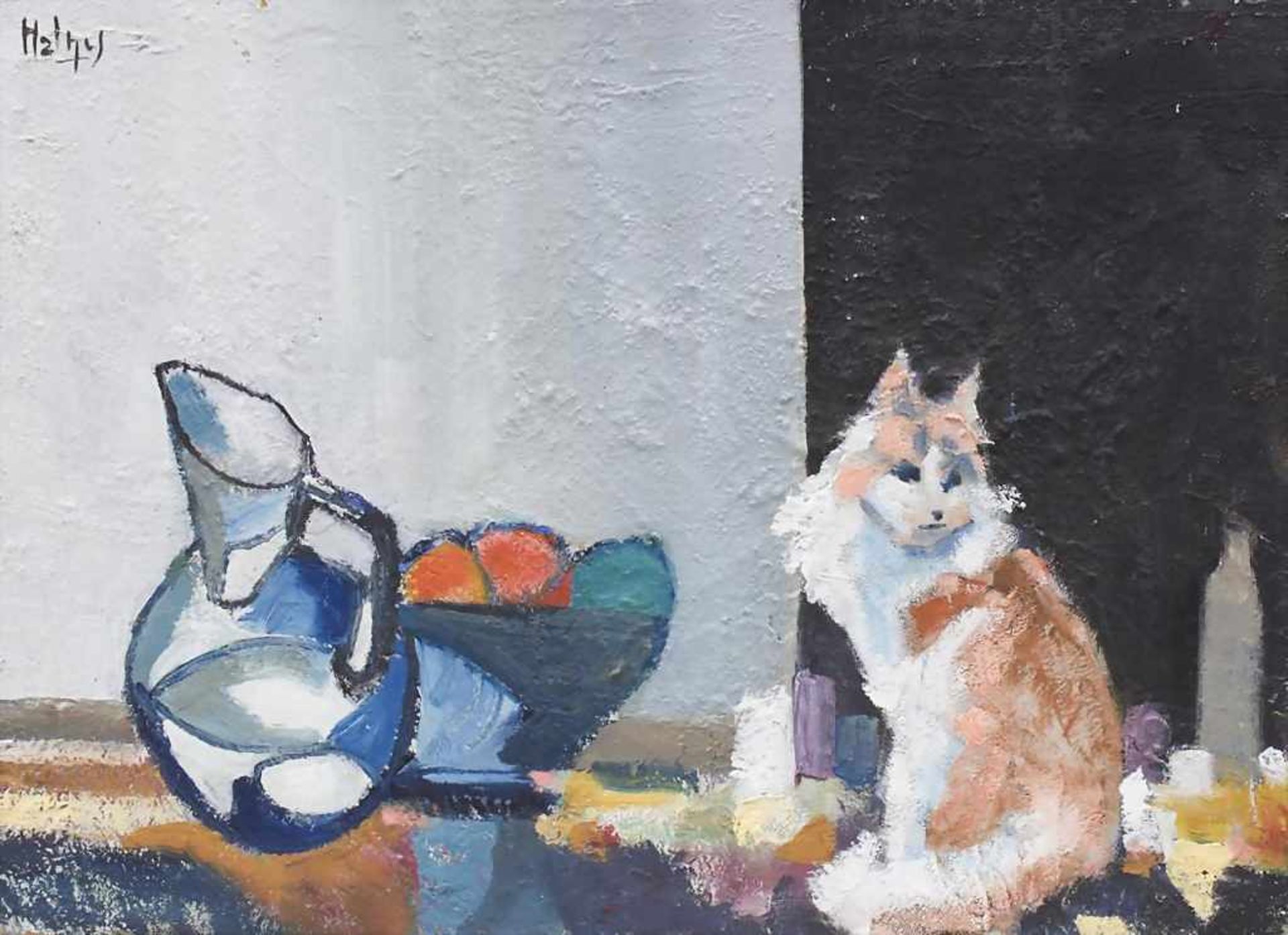 Stillleben mit Katze/Still Live With Cat, Helny, 20. Jh.Öl/Sand/Lw. Sitzende Katze neben einer
