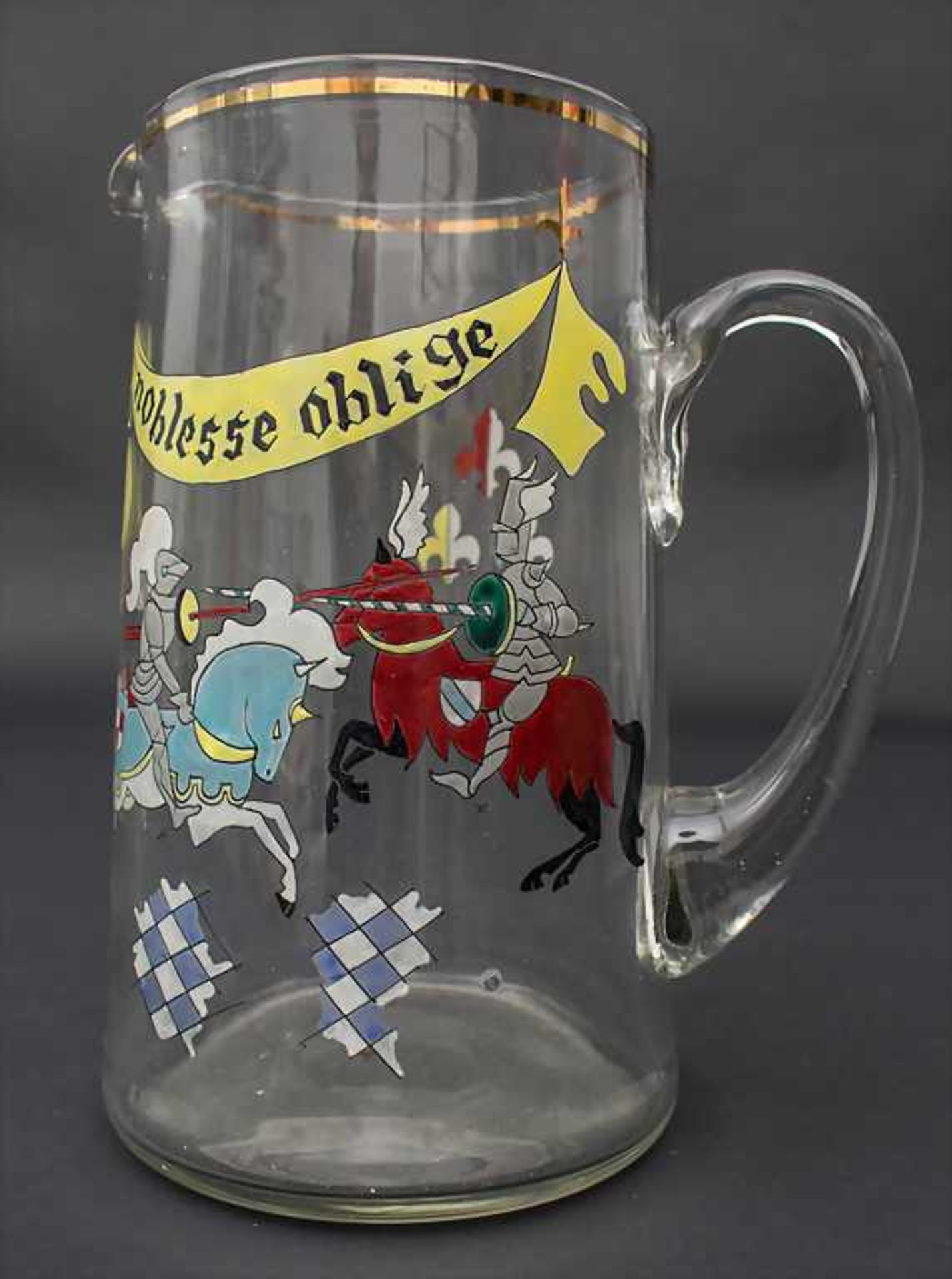 Großer Glaskrug 'Ritterturnier' / Glass Jug With Enamel Decor, Frankreich, Anfang 20. Jh.Material: