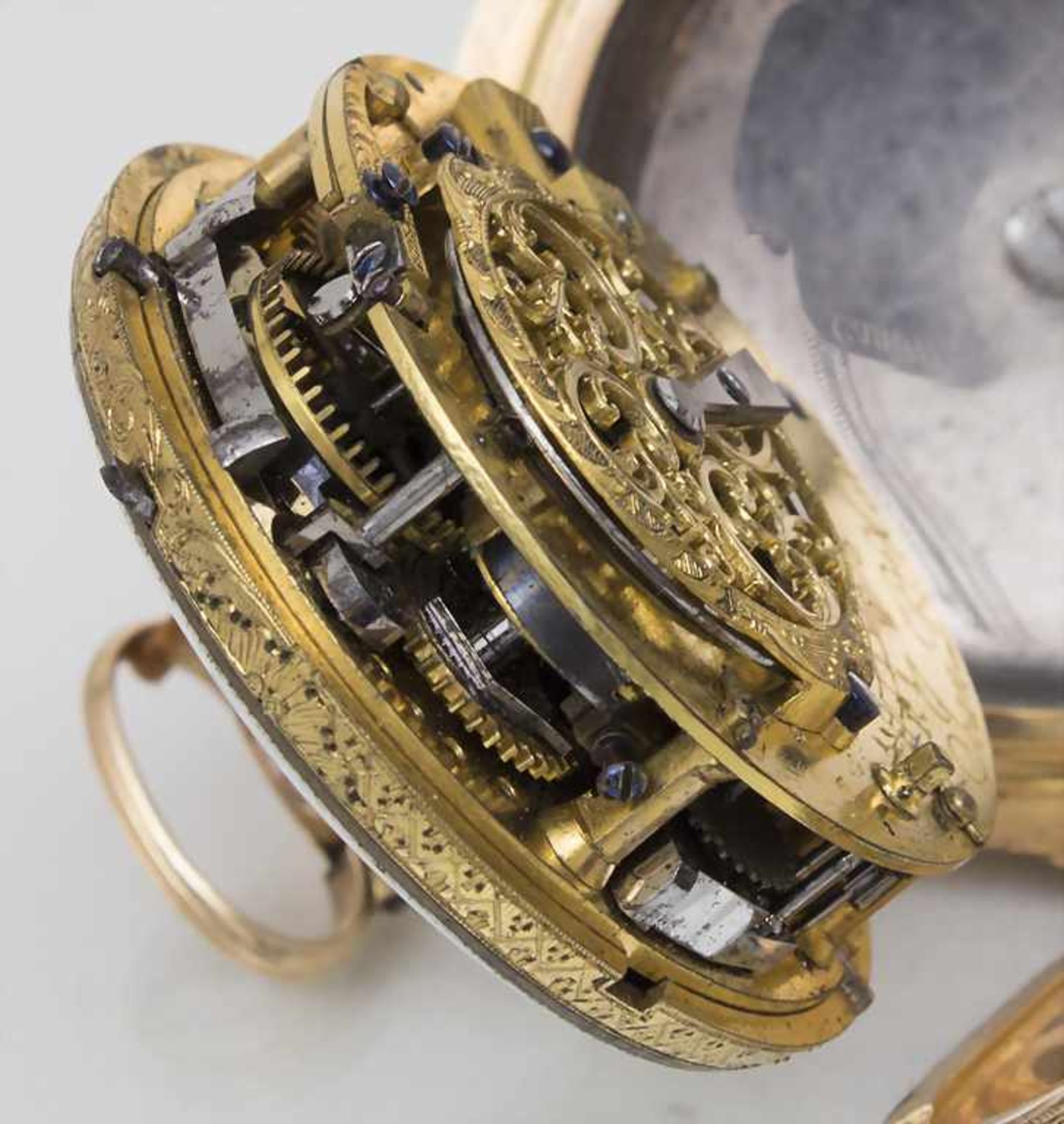 Offene Taschenuhr, Jean Pierre Moré a Paris, um 1770Gehäuse: Gold 18 Kt 750/000, Werk: ¼ Std.- - Bild 5 aus 5