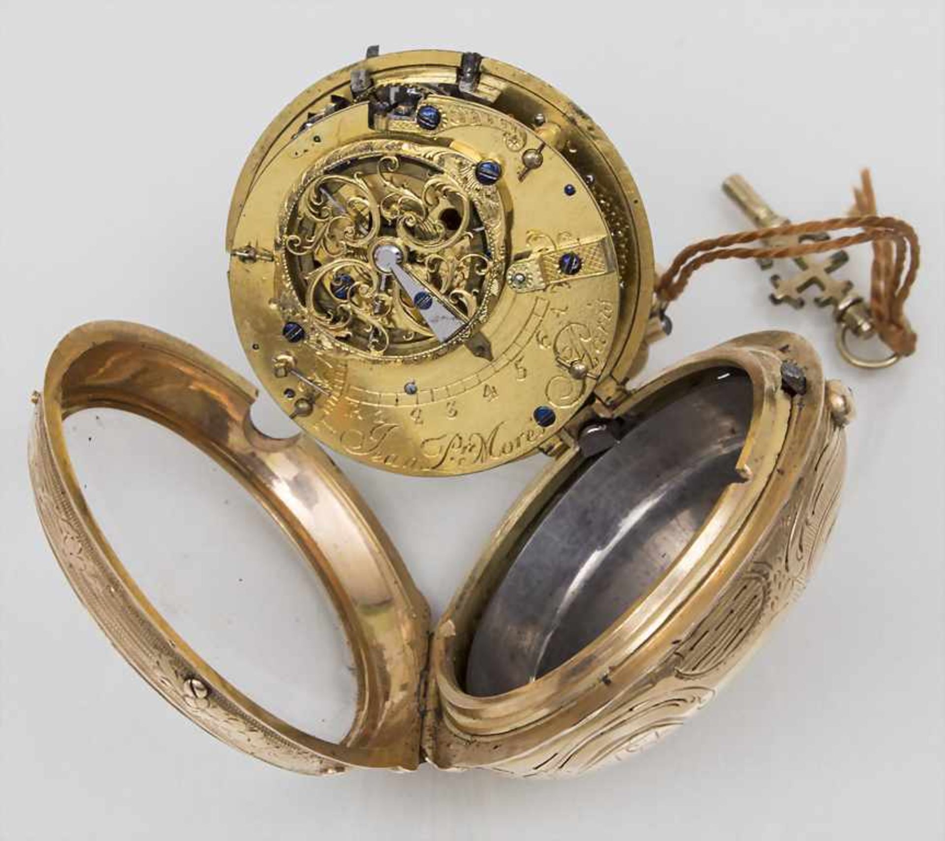 Offene Taschenuhr, Jean Pierre Moré a Paris, um 1770Gehäuse: Gold 18 Kt 750/000, Werk: ¼ Std.- - Bild 3 aus 5