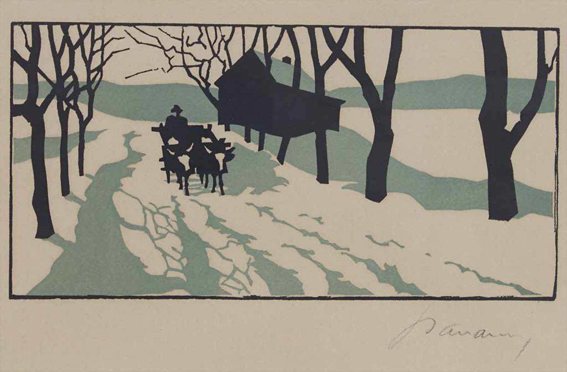 Aemilian Baudnik (1877- c. 1930), 4 Linolschnitte 'Galante Szenen' und 'Landschaften' / A set of 4 - Image 3 of 11