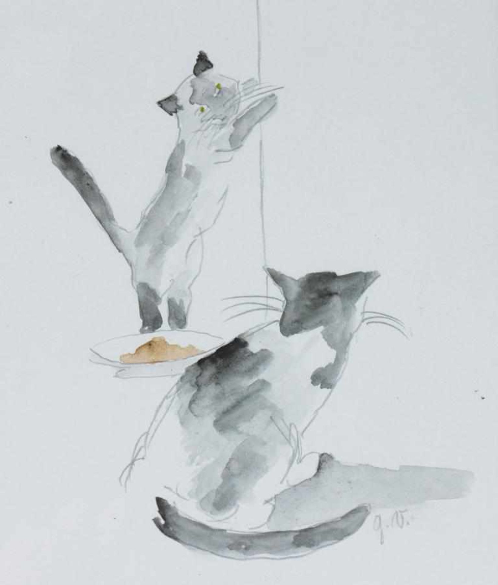 Studie mit zwei Katzen/Study Of Two Cats, Gabrielle Vincent (1928-2000), FrankreichBlei/Aquarell/