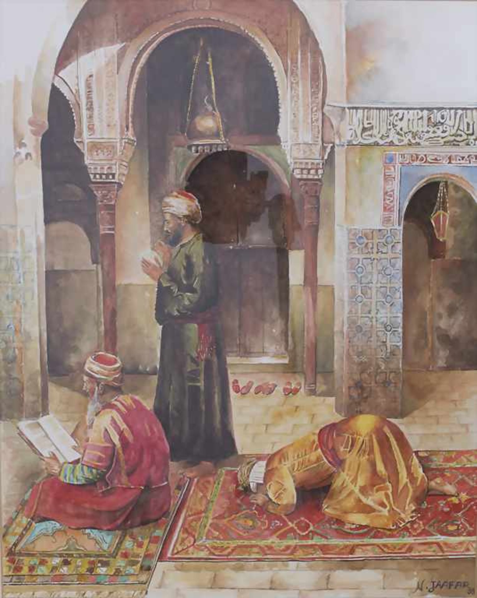 N. Jaffar (20. Jh.), 'Betende Männer in Mosche' / 'Praying men in mosque'Technik: Aquarell auf