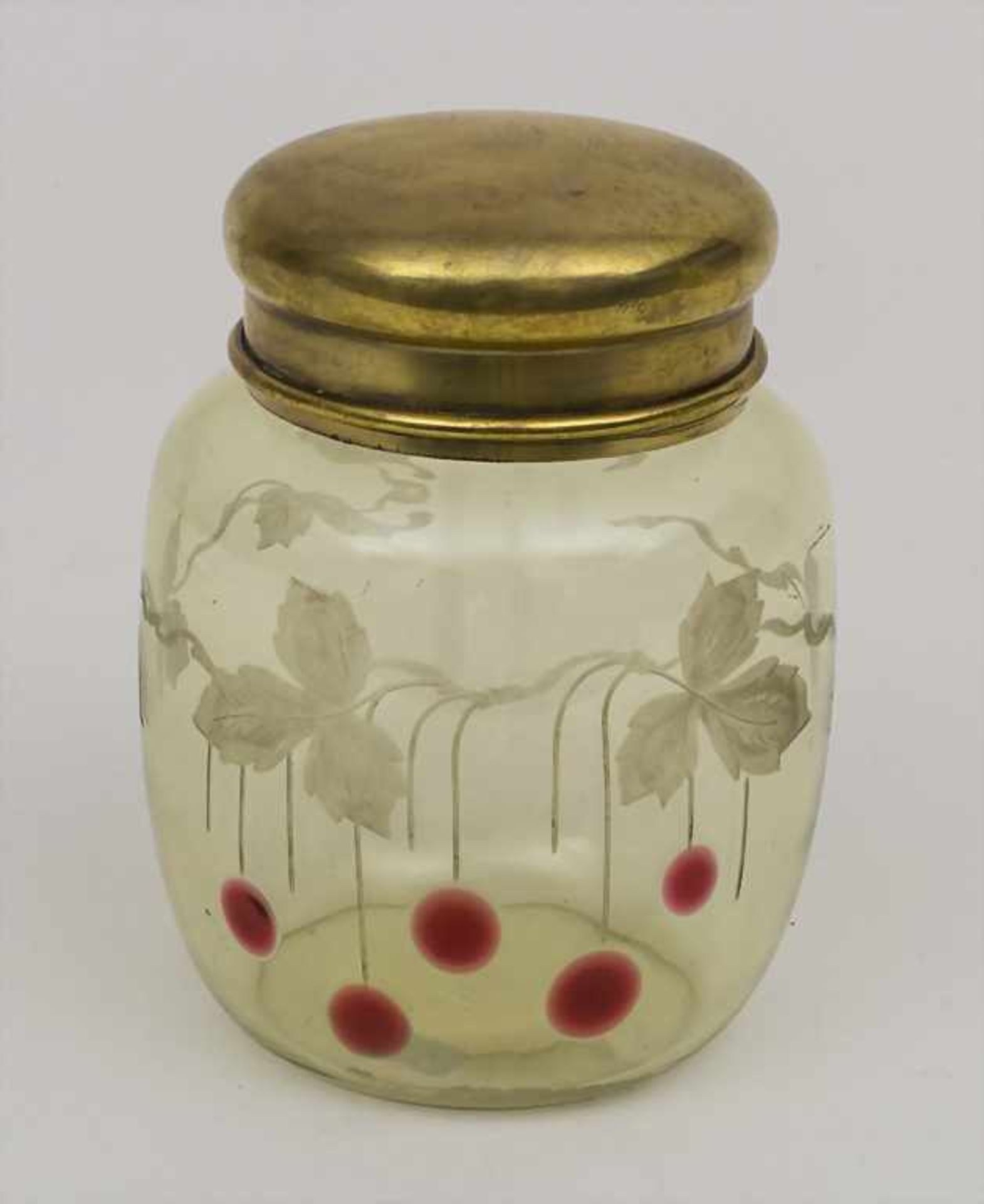 Jugendstil Glasdose / An Art Nouveau glass container, um 1900Material: hellgrünes Glas mit roten