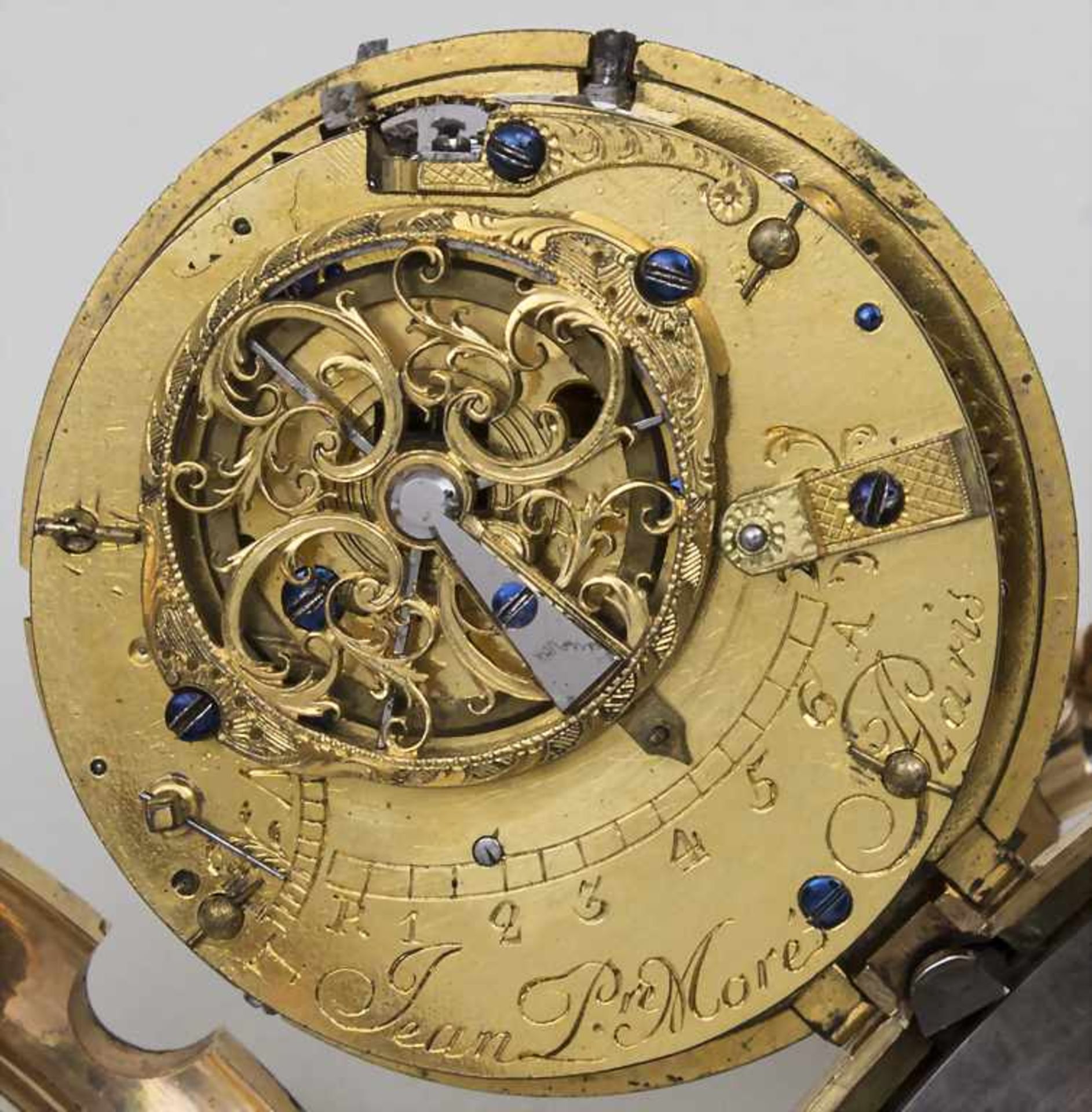 Offene Taschenuhr, Jean Pierre Moré a Paris, um 1770Gehäuse: Gold 18 Kt 750/000, Werk: ¼ Std.- - Bild 4 aus 5