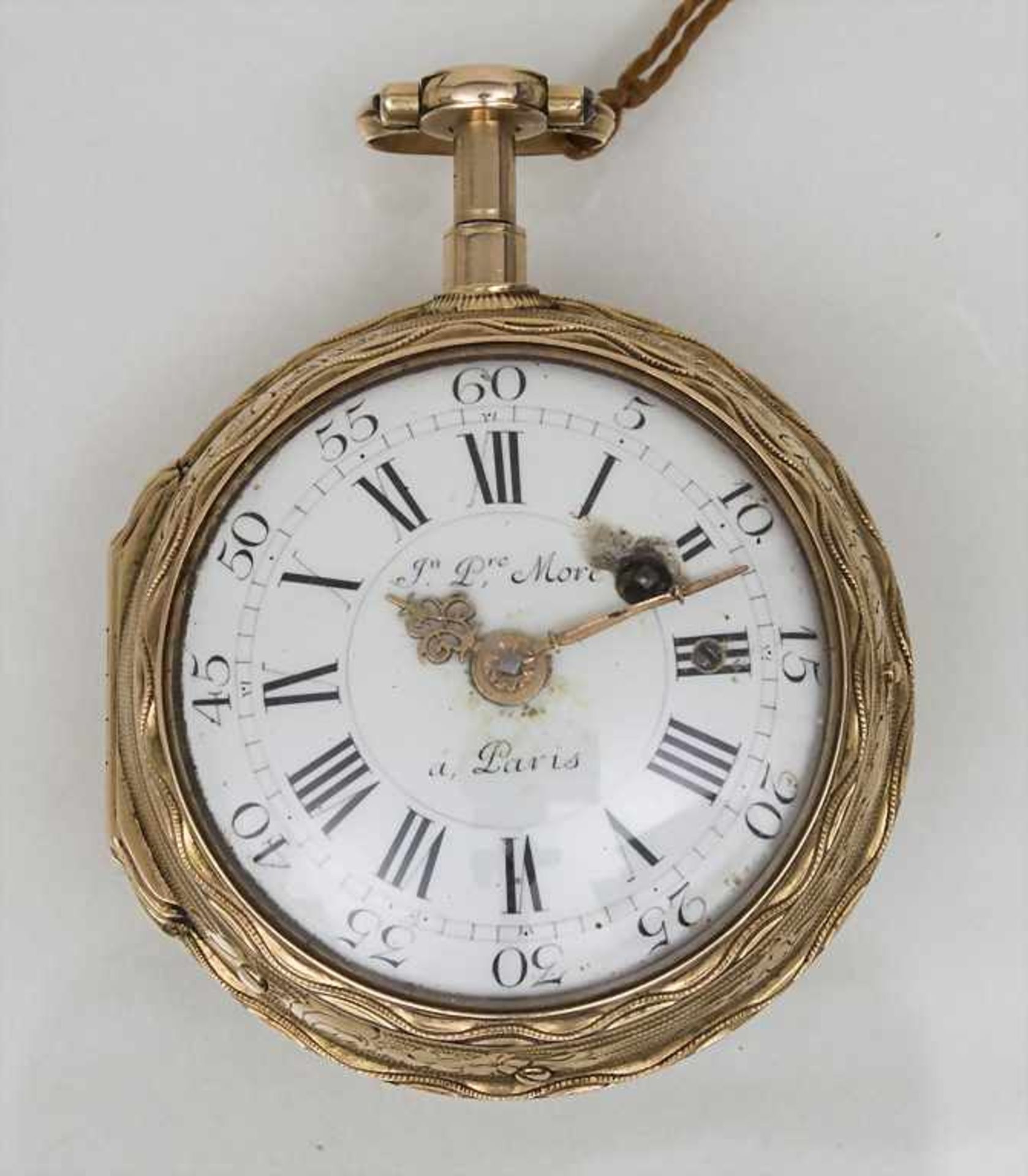 Offene Taschenuhr, Jean Pierre Moré a Paris, um 1770Gehäuse: Gold 18 Kt 750/000, Werk: ¼ Std.-