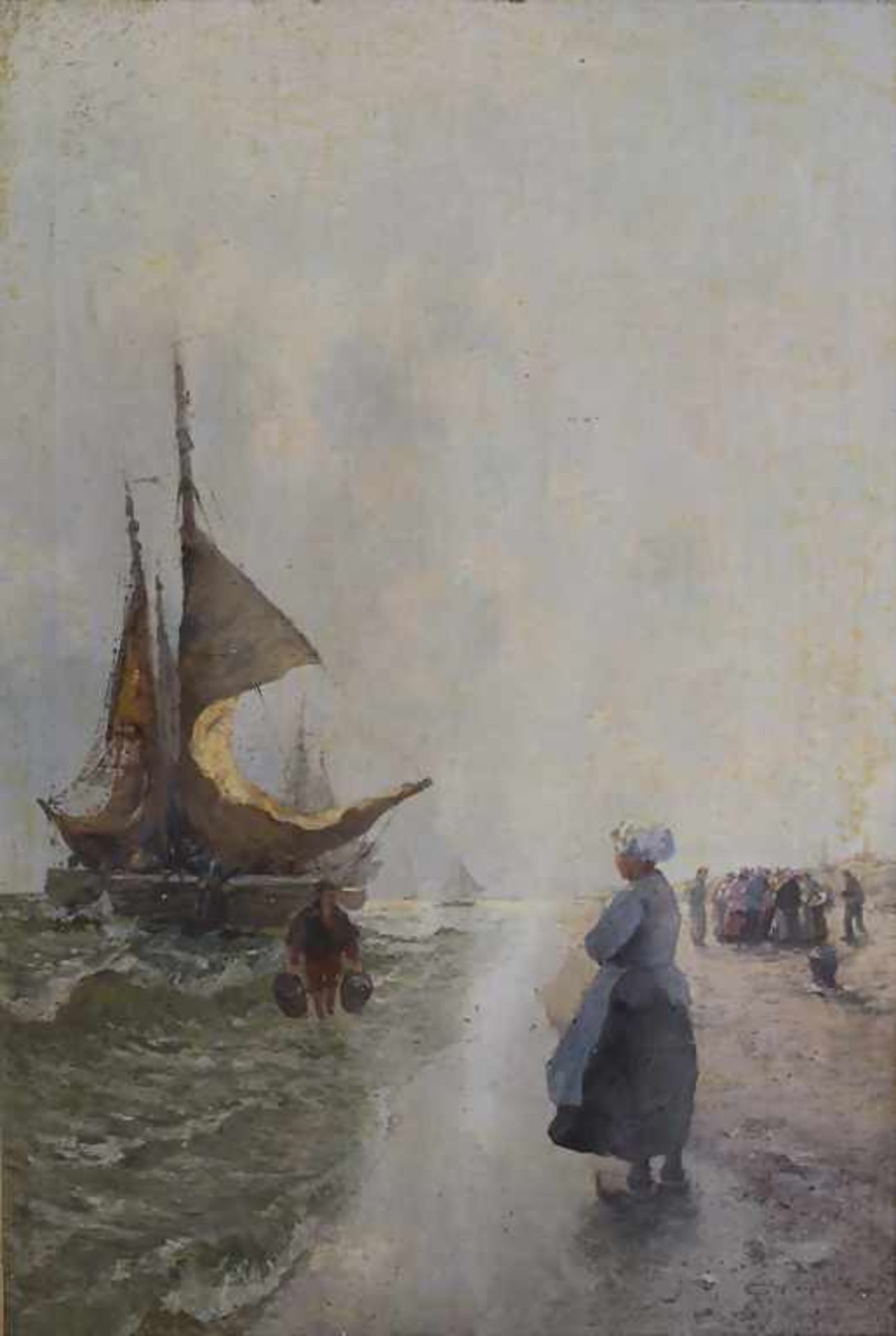 German Grobe (1857-1938), 'Fischverkauf am Strand von Scheveningen' / 'Fish sale by the beach of
