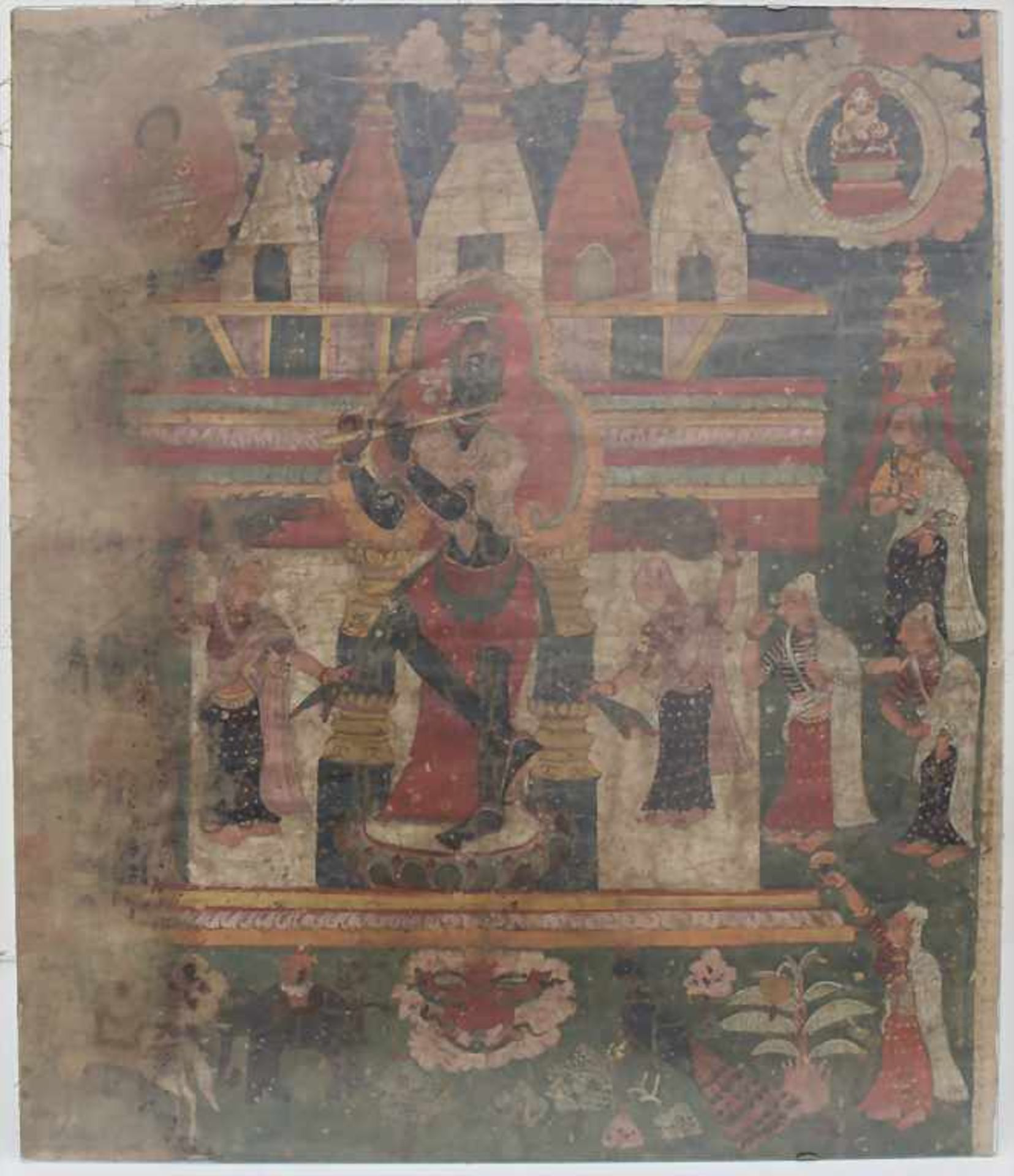 Thangka mit Figuren, Pagoden, Pflanzen und Tieren / A thangka, Tibet, 18./19. Jh.Technik: