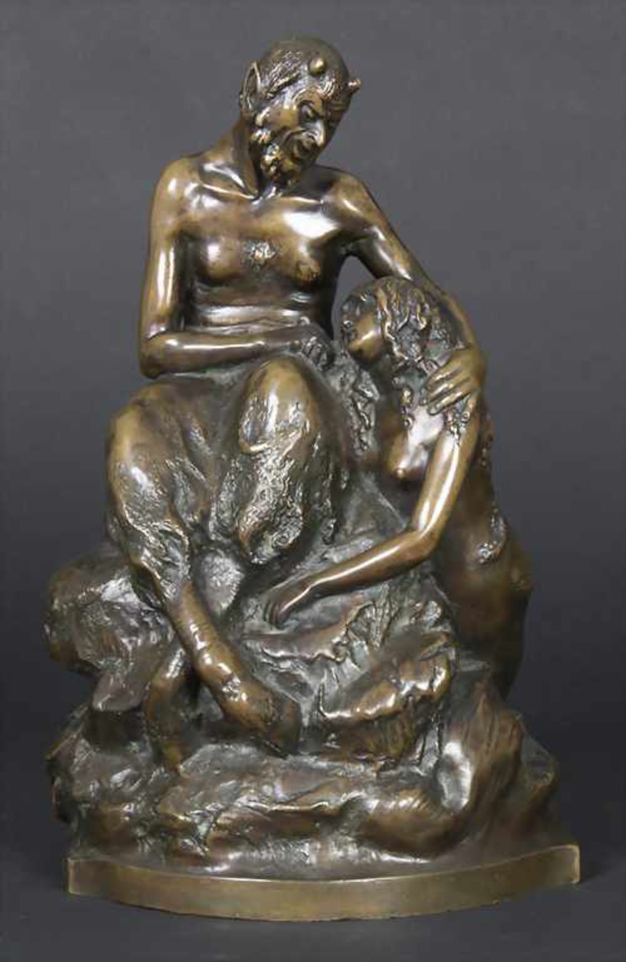 J. Lambert, um 1900, Jugendstil-Skulptur, Faun mit Meerjungfrau auf FelsMaterial/Technik: Bronze,