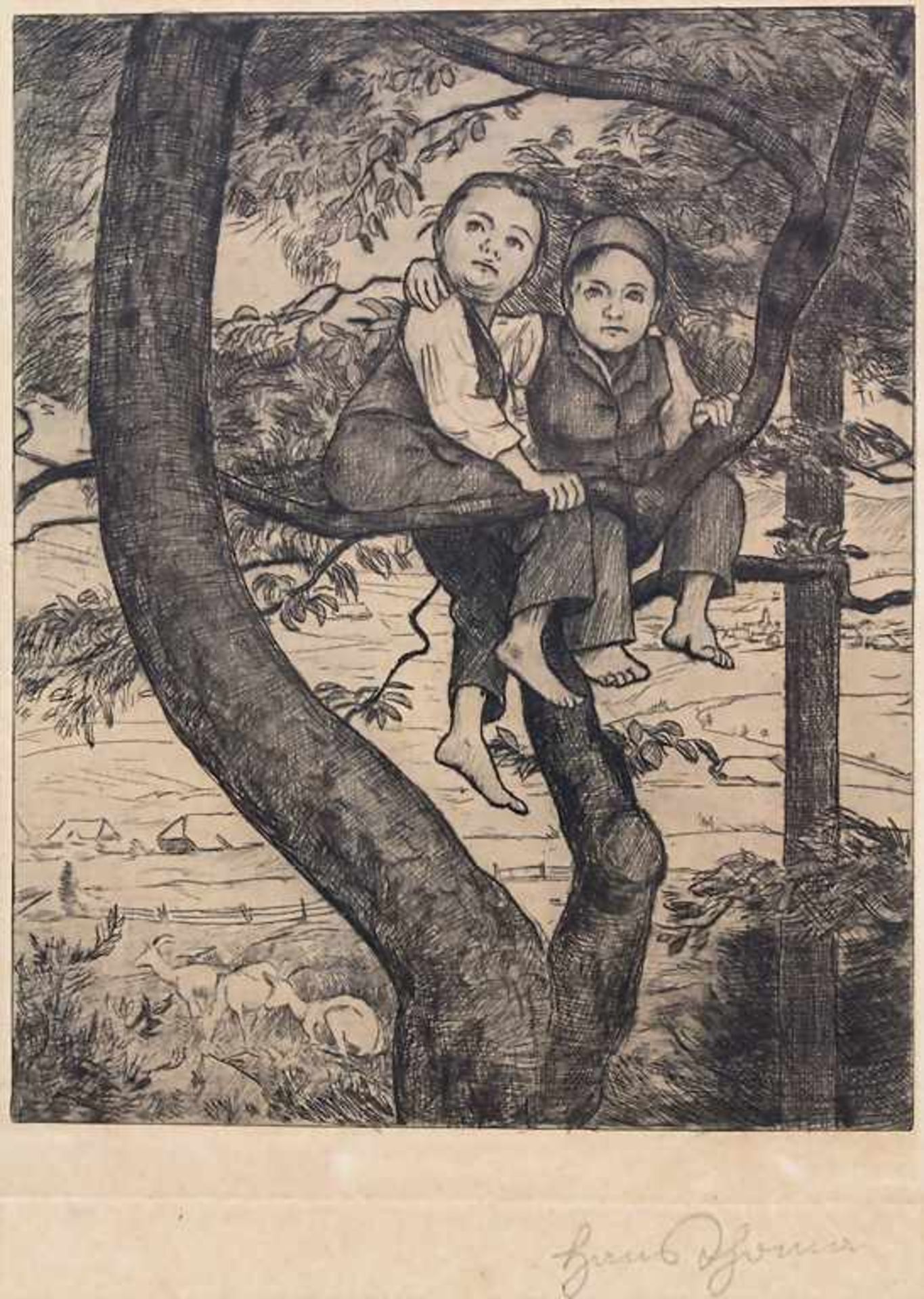 Hans Thoma (1839-1924), '2 Knaben auf einem Baum' / '2 boys on a tree'Technik: Radierung auf Papier,