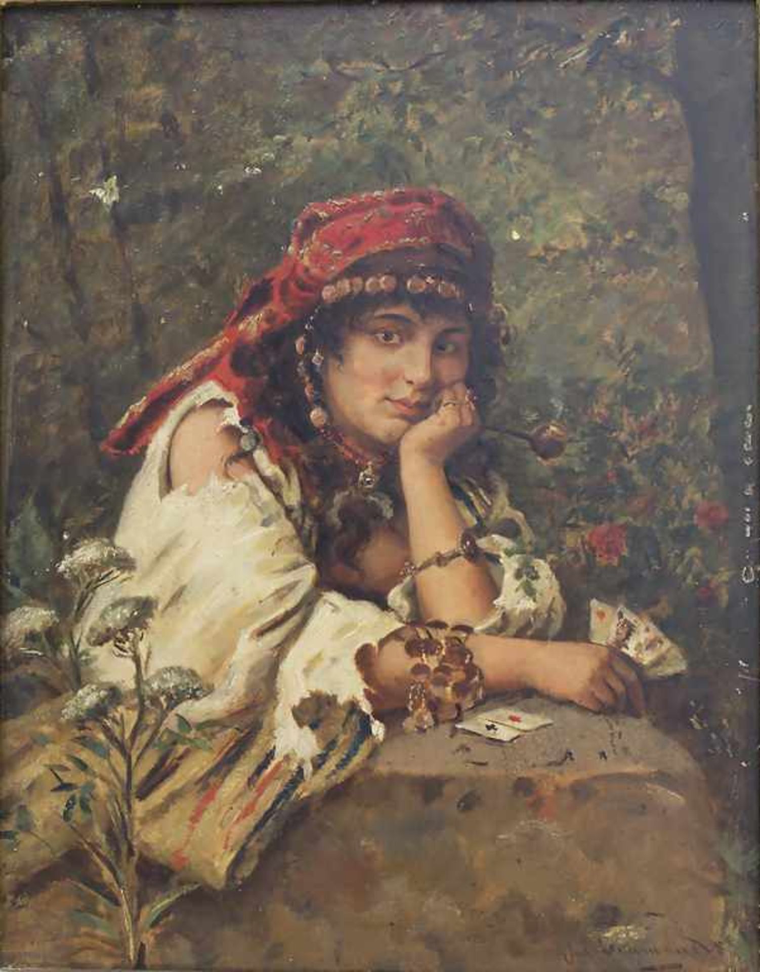 Julius Simmonds (1843-1924), 'Kartenlegerin' / 'A fortune teller'Technik: Öl auf Platte, gerahmt,