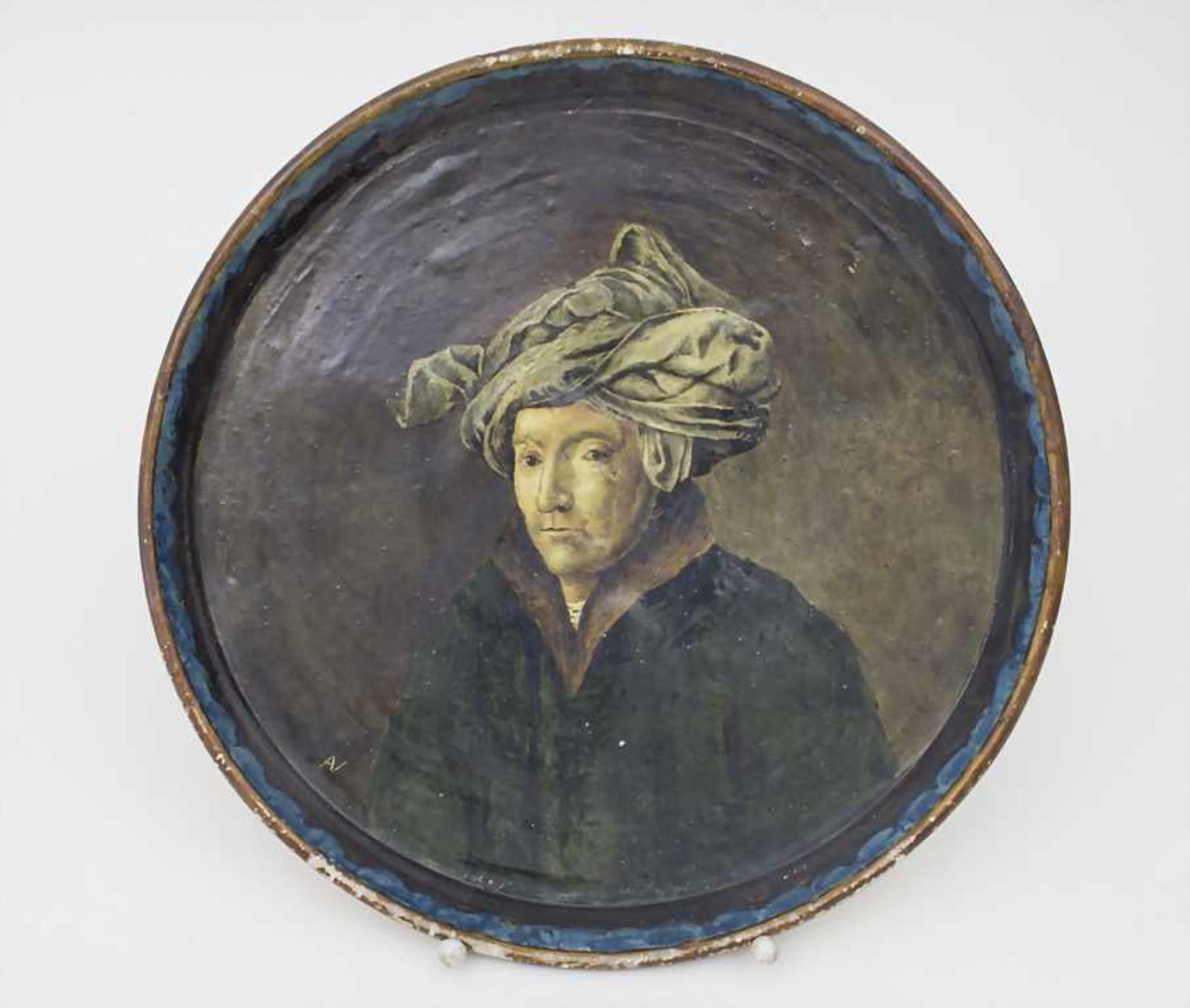 Platte mit Portrait eines Mannes nach Jan van Eyck (1433) / A faience plate with the portrait of a