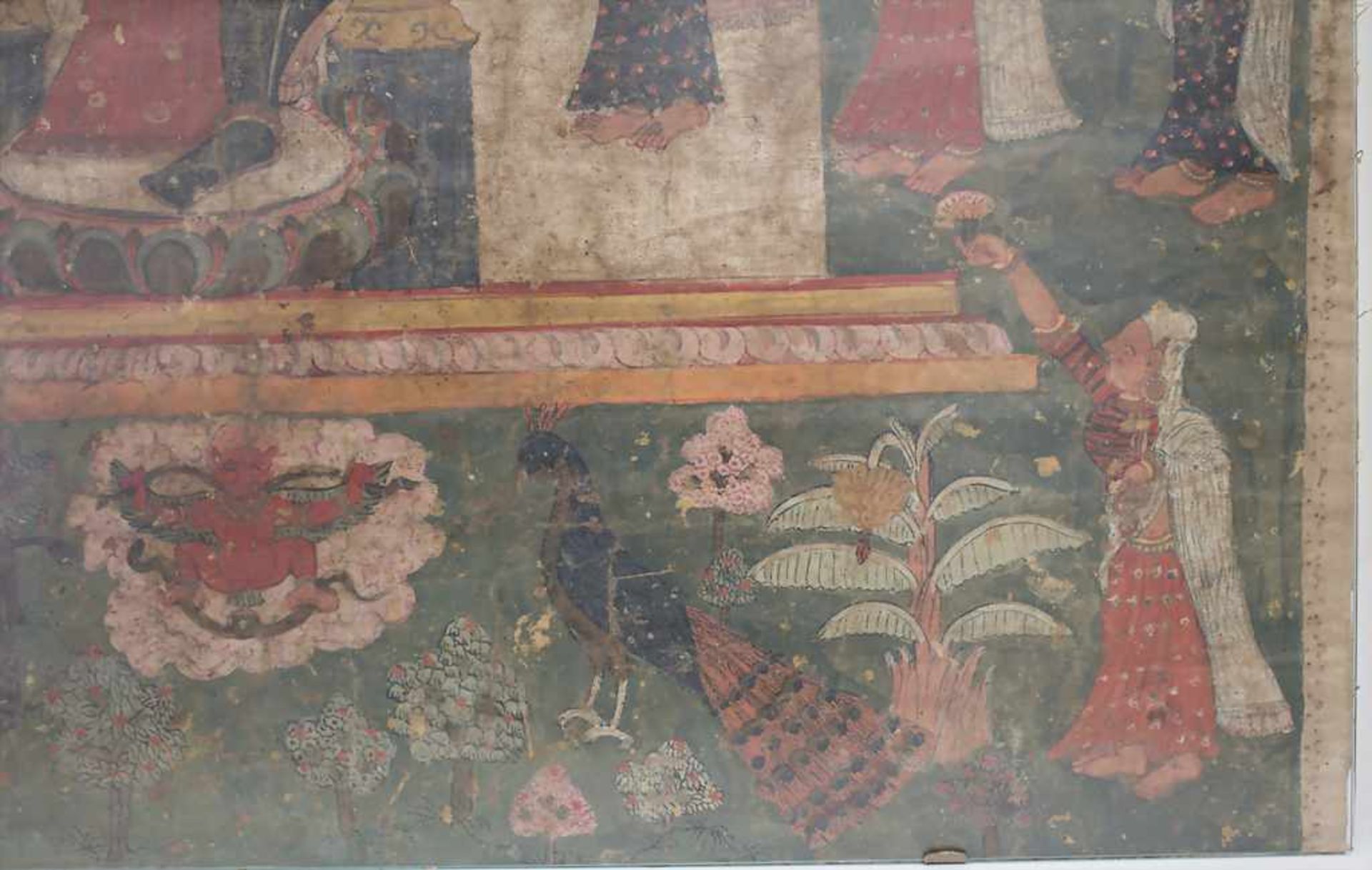 Thangka mit Figuren, Pagoden, Pflanzen und Tieren / A thangka, Tibet, 18./19. Jh.Technik: - Image 4 of 5