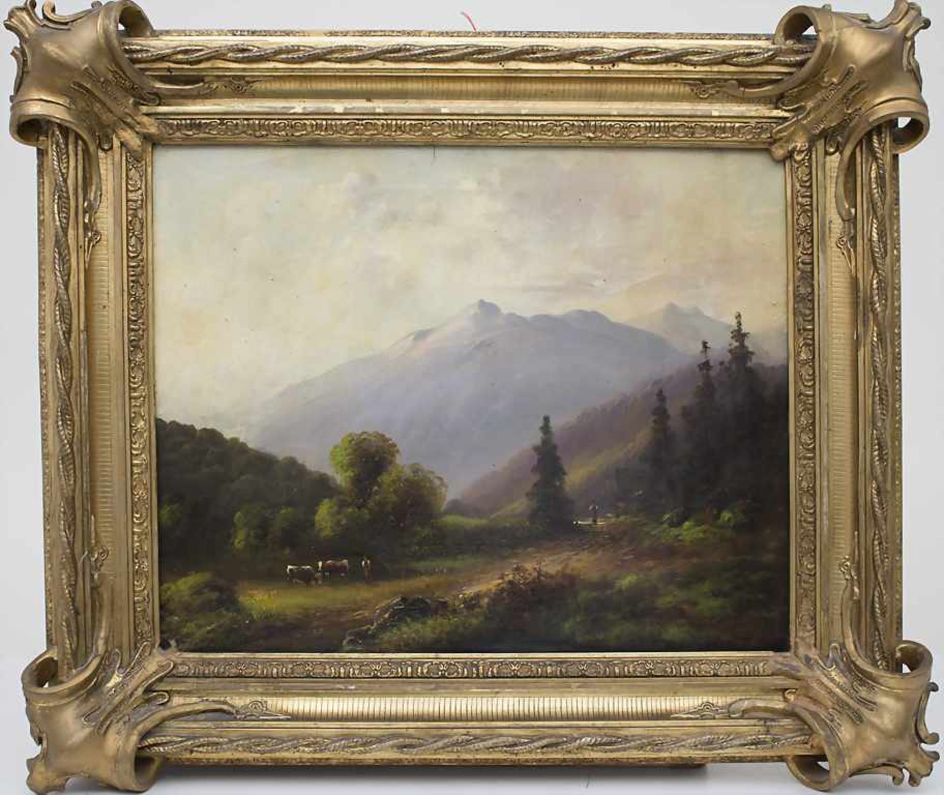 Künstler des 19. Jh., 'Alpenlandschaft mit Bauernpaar und Vieh' / 'An alpine landscape with - Image 2 of 5