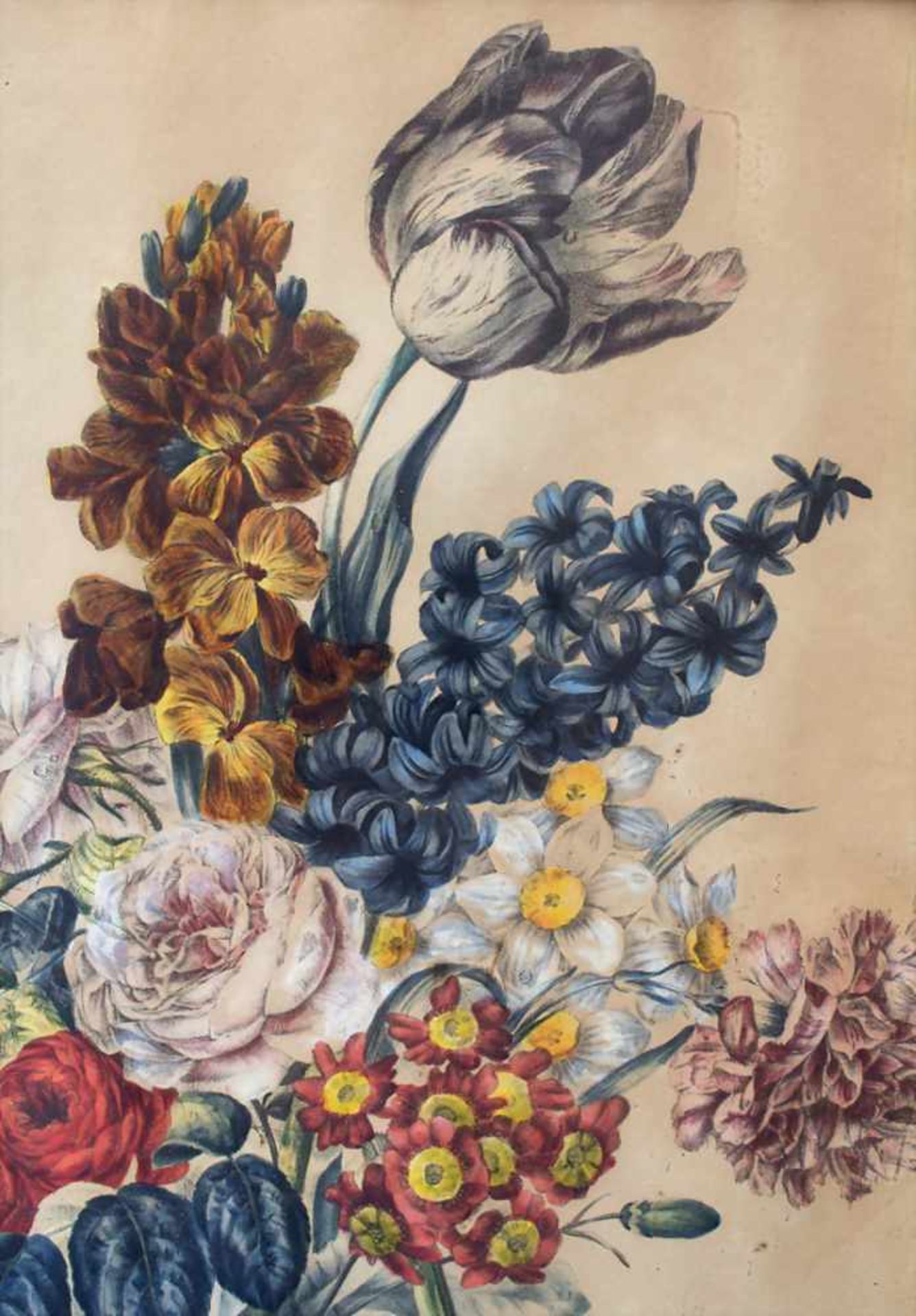 Künstler des 18. Jh., 'Blumenbouqet' / 'A flower bouquet'Technik: Mezzotintoradierung, aquarelliert, - Bild 3 aus 4