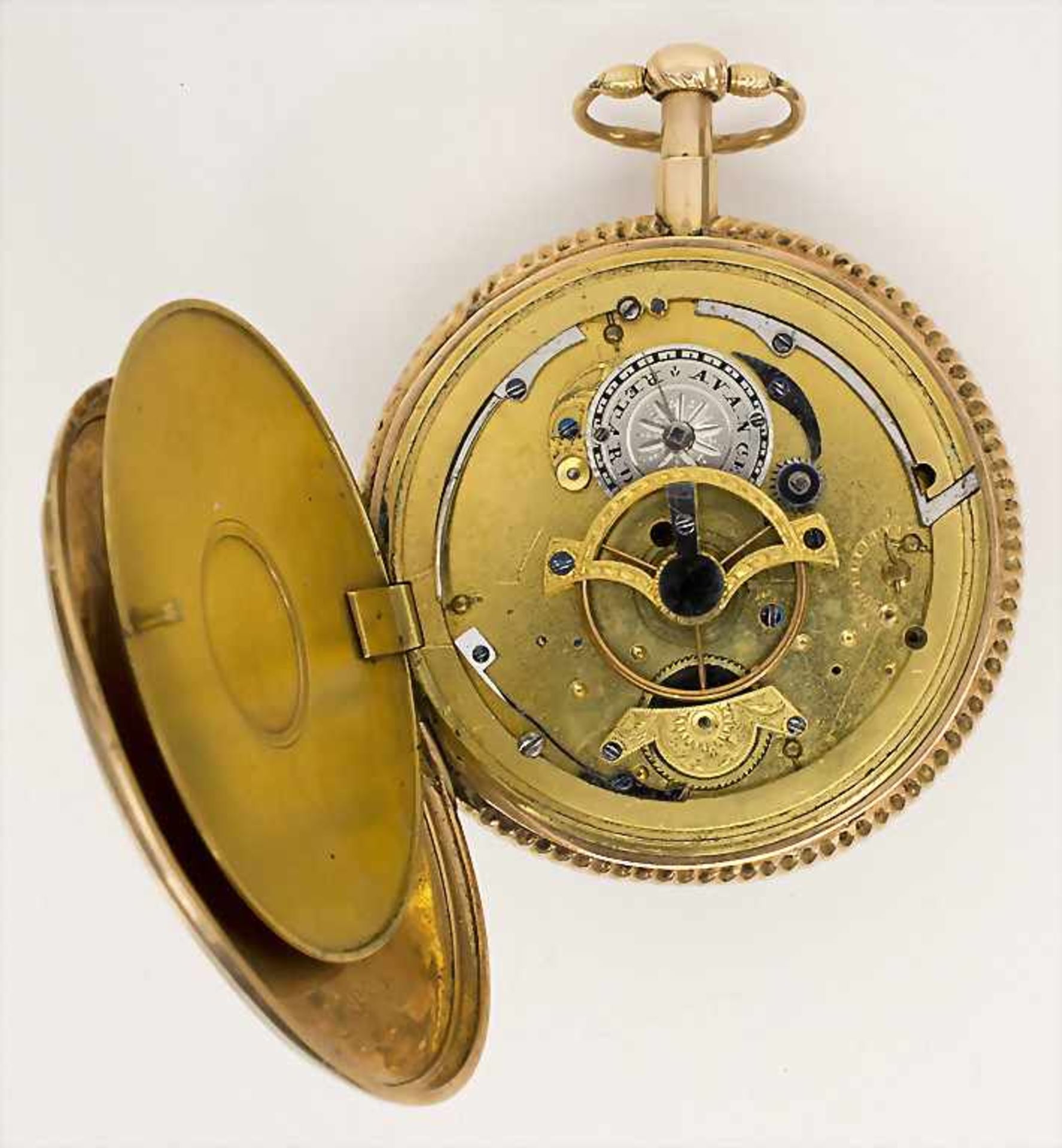 Offene Taschenuhr mit 1/4 Repetition und Kalender / A pocket watch 1/4 quarter repeater with - Bild 3 aus 4