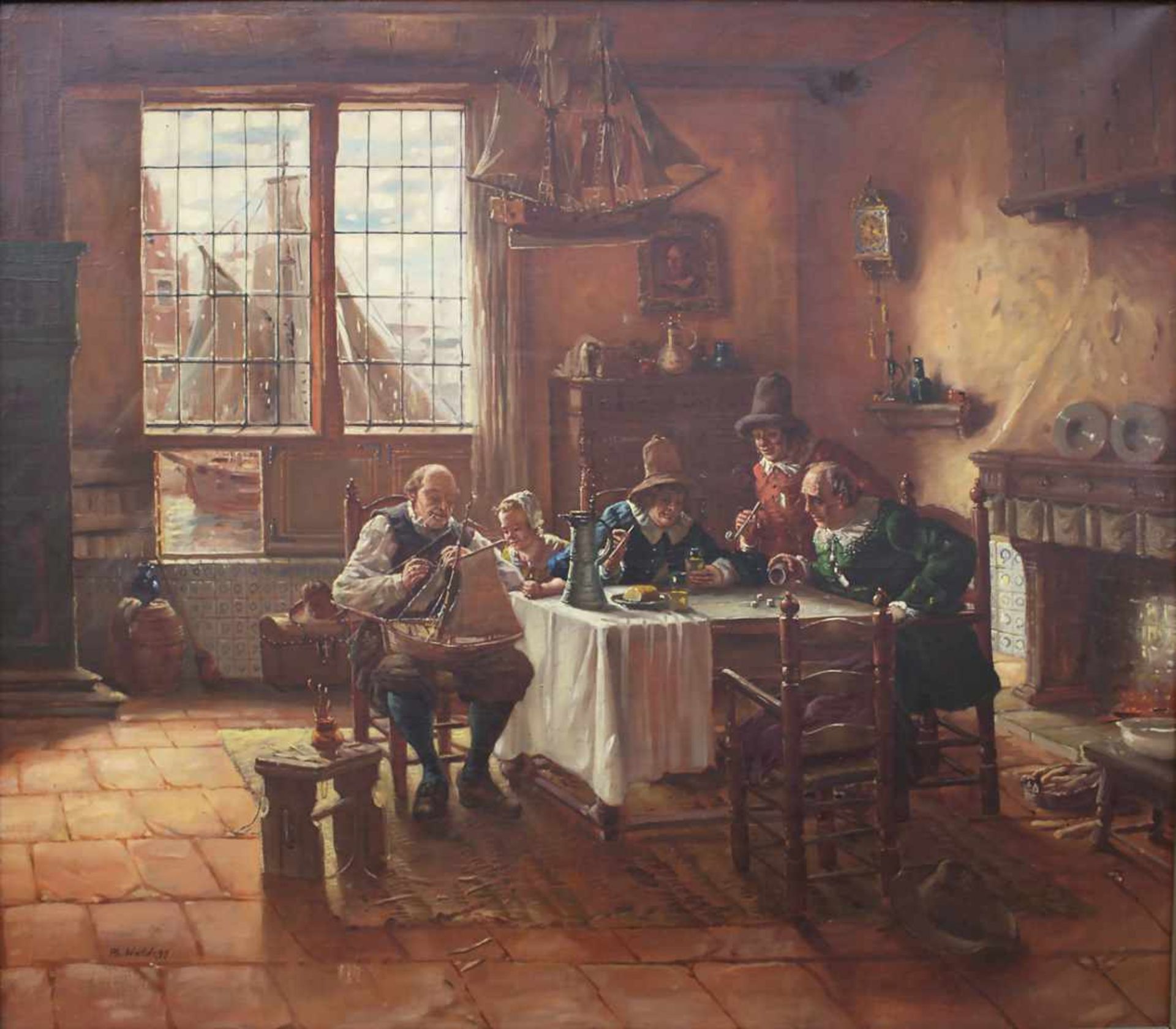 Ph. Waldegg (19. Jh.), 'Interieurszene mit Kaufleuten und Magd' / 'An interior scene with