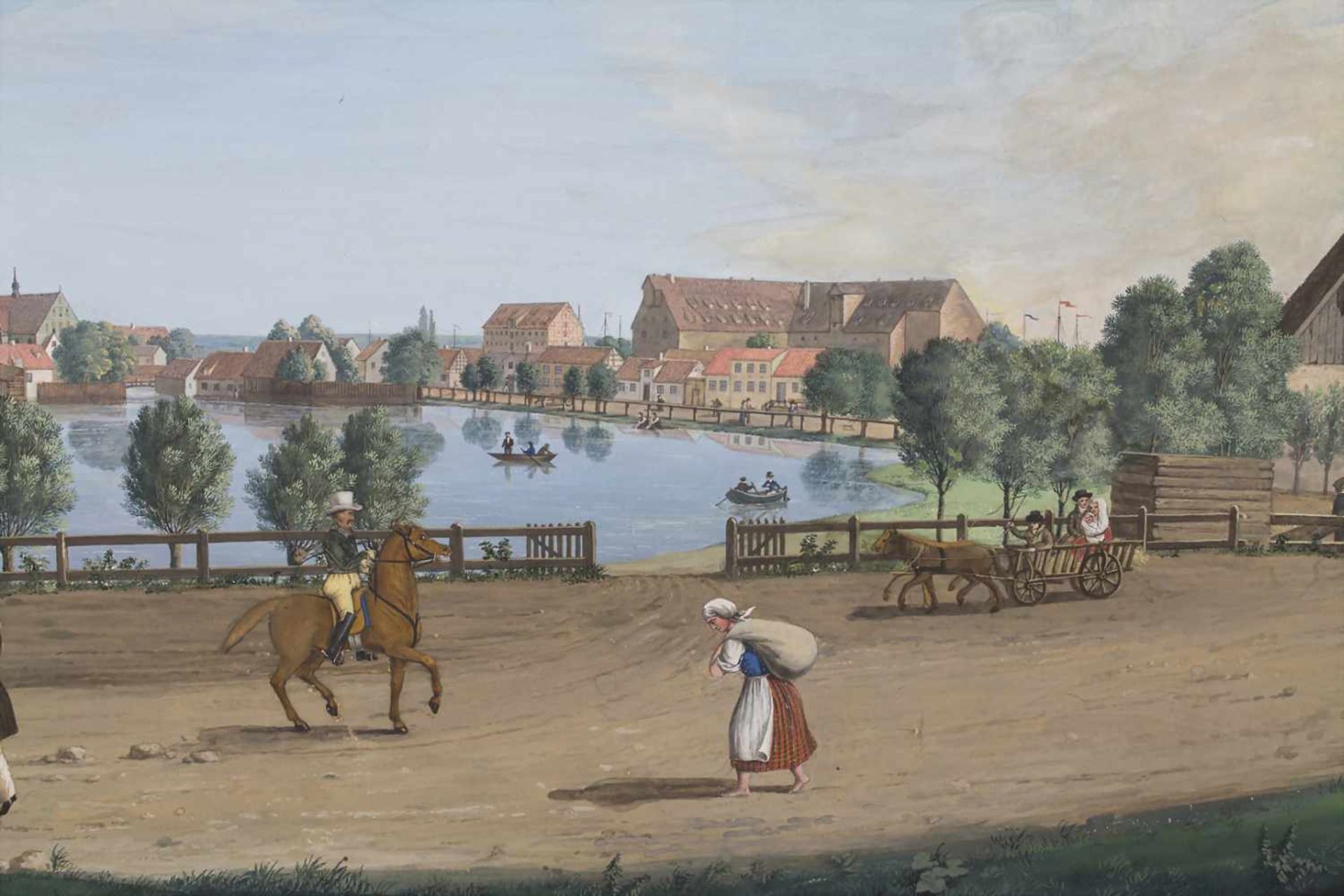 Künstler des 19. Jh., 'Flanierende vor Hafenstadt' / 'Harbour city with figures'Technik: Tempera / - Image 2 of 3