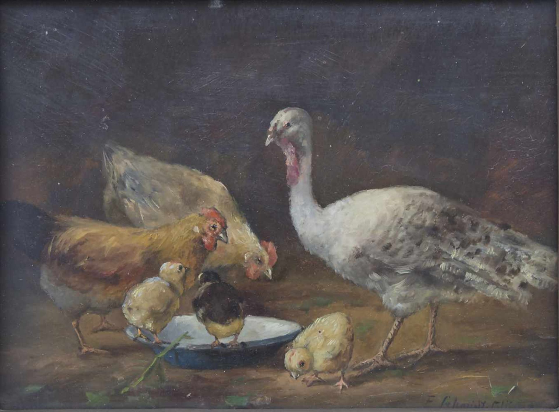 Franz Schmidt-Glümer (19. Jh.), 'Hühnerfamilie mit Truthahn' / 'A chicken family with turkey'