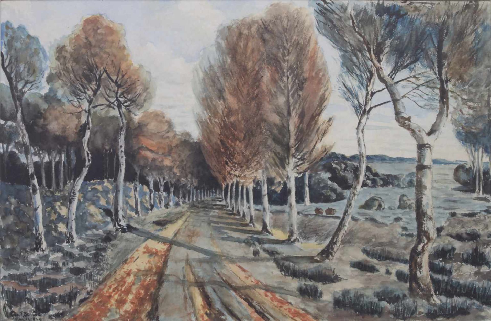 Russischer Künstler (tätig um 1918), 'Küstenlandschaft mit Allee' / 'A coastal landscape with