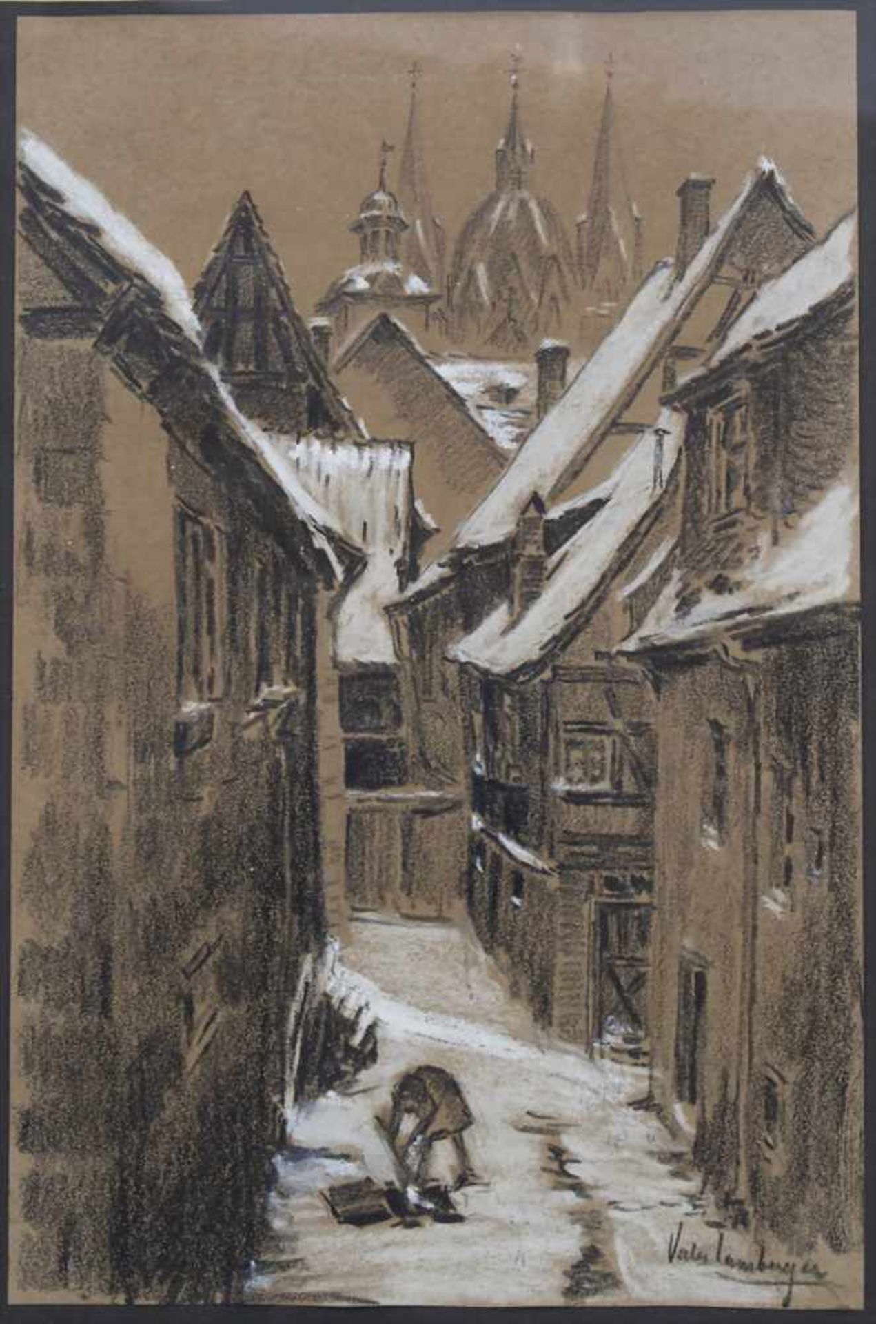 Vala Lamberger (1877-1953), 'Heppenheim an der Bergstraße -Schulgässchen'Technik: Kreide auf Papier,