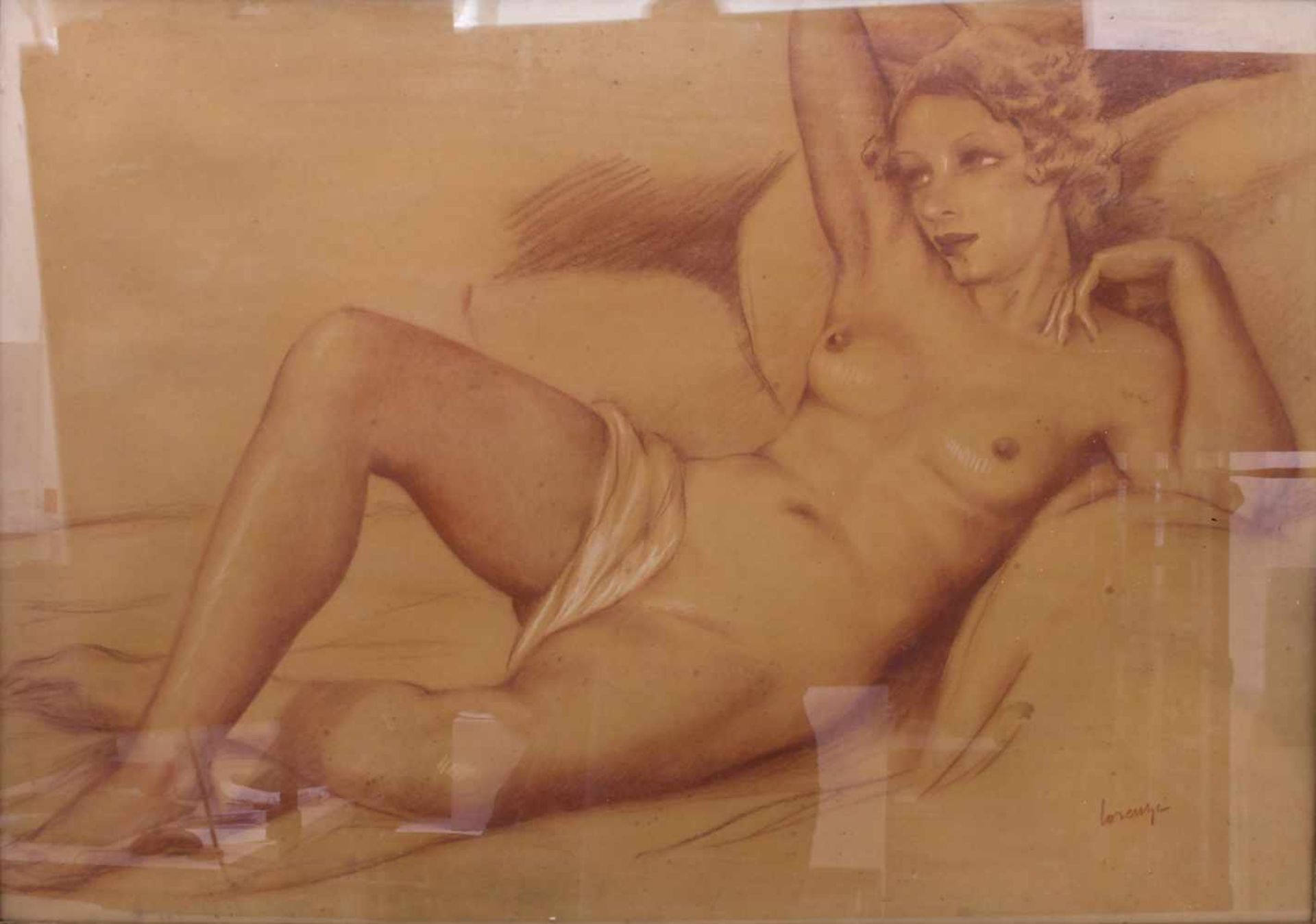 Lorenzi (tätig 1930er Jahre), 'Weiblicher Akt' / 'A female nude'Technik: Kreide auf Karton, partiell