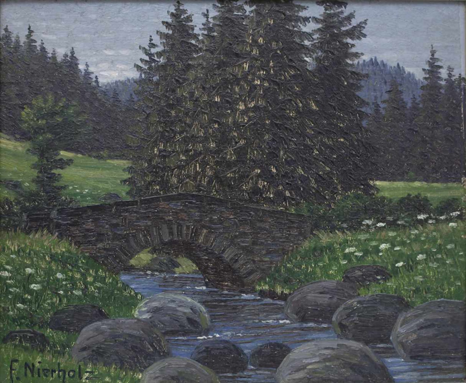 F. Nierholz (20. Jh.), 'Wiesenlandschaft mit Brücke' / 'A meadow landscape with a bridge'Technik: Öl