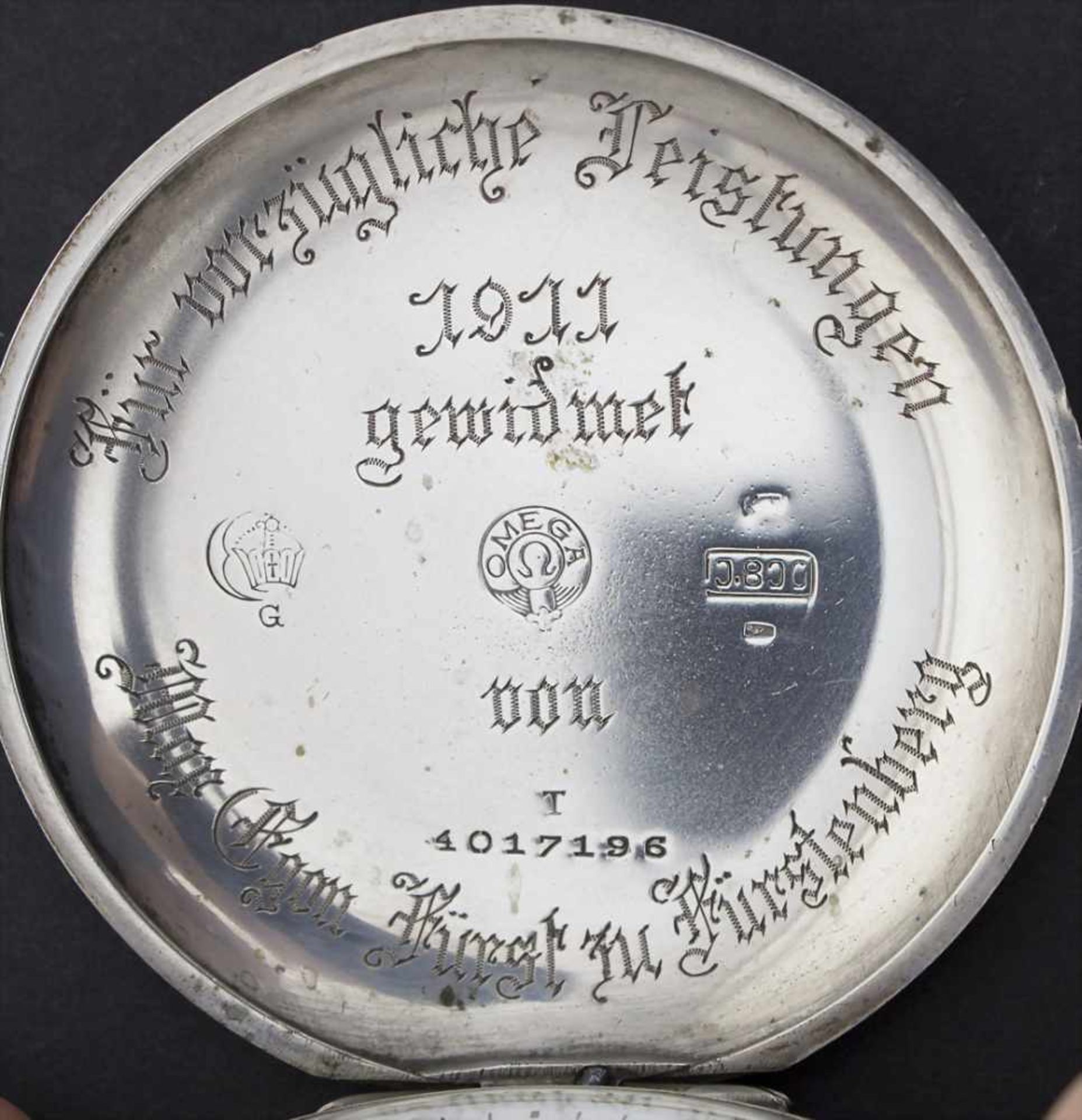 Fürst zu Fürstenberg, Omega Taschenuhr mit Widmung / Pocket watch with dedication, 1911Gravur: - Bild 5 aus 7