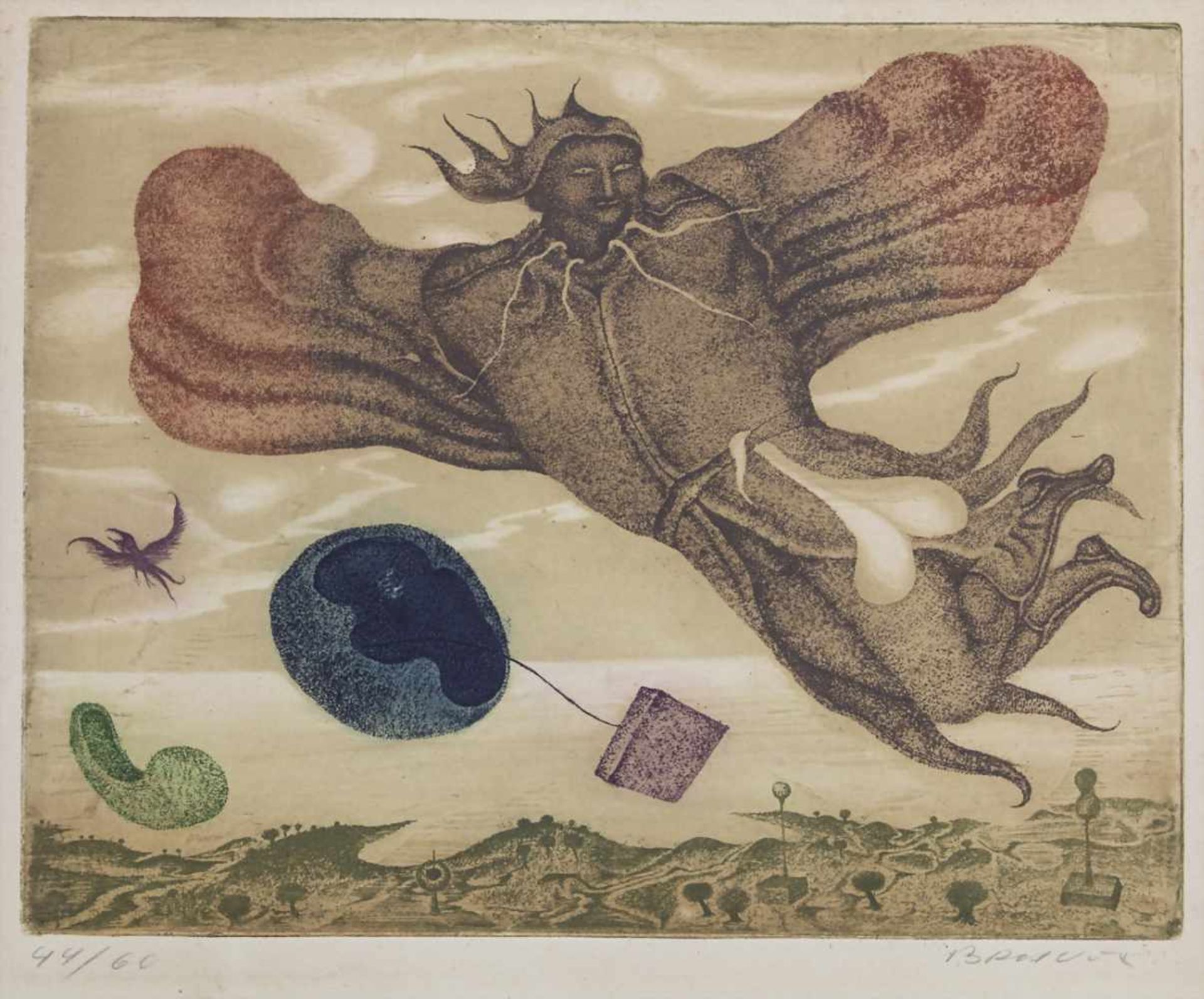 Arik Brauer (*1924), 'Flugjecke' / 'Flying Fool'Technik: Farbaquatintaradierung auf Velin, WVZ