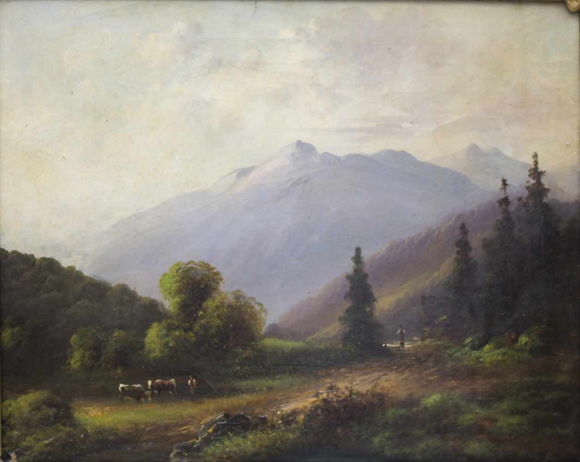 Künstler des 19. Jh., 'Alpenlandschaft mit Bauernpaar und Vieh' / 'An alpine landscape with