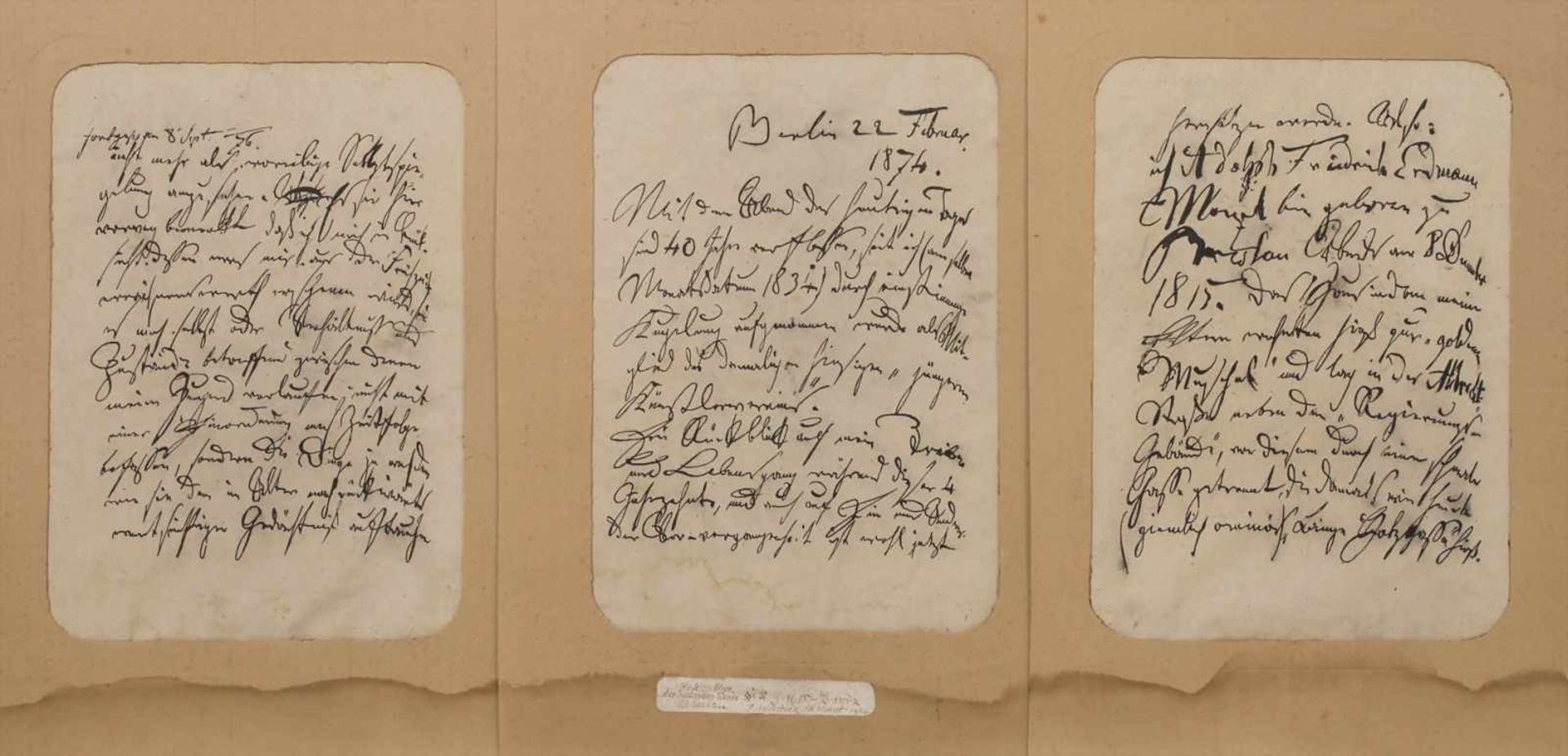 3 Schriftstücke von Adolph Menzel / 3 written documents from Adolph Menzel, Berlin, 1874Technik: 3