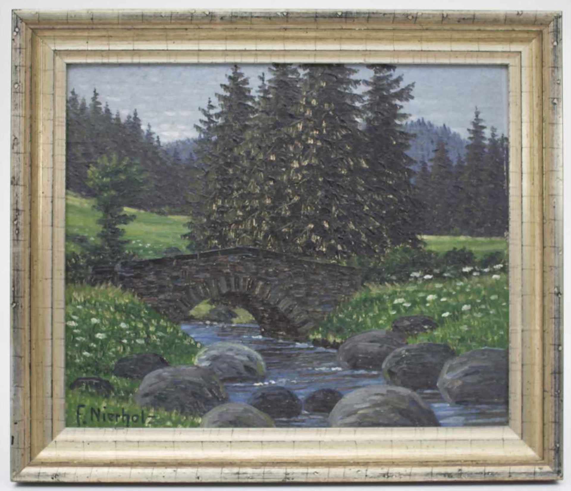 F. Nierholz (20. Jh.), 'Wiesenlandschaft mit Brücke' / 'A meadow landscape with a bridge'Technik: Öl - Image 2 of 4