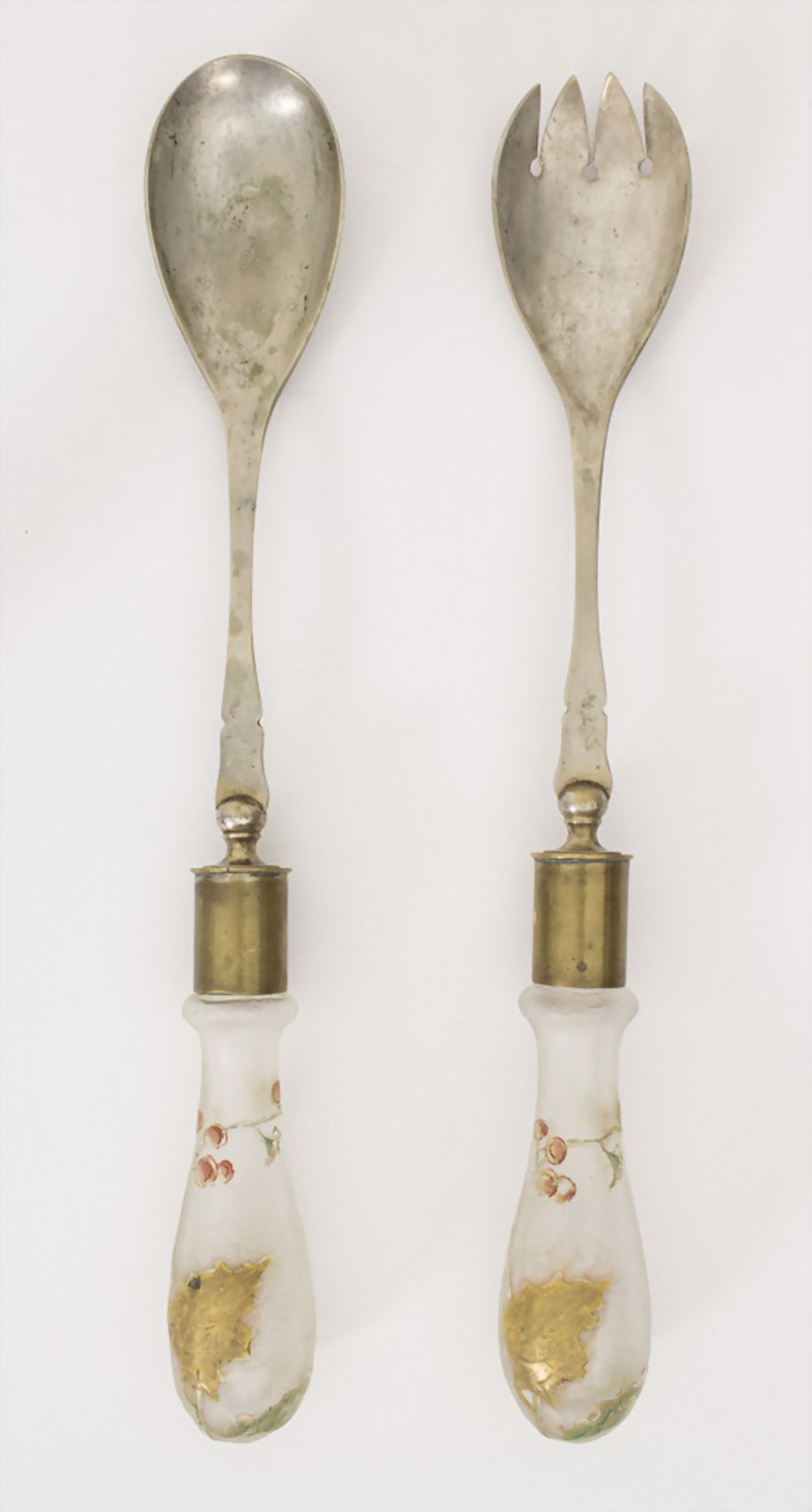 Jugendstil Salatbesteck mit Glasgriffen / Art Nouveau salad servers with glass handles, wohl Legras,