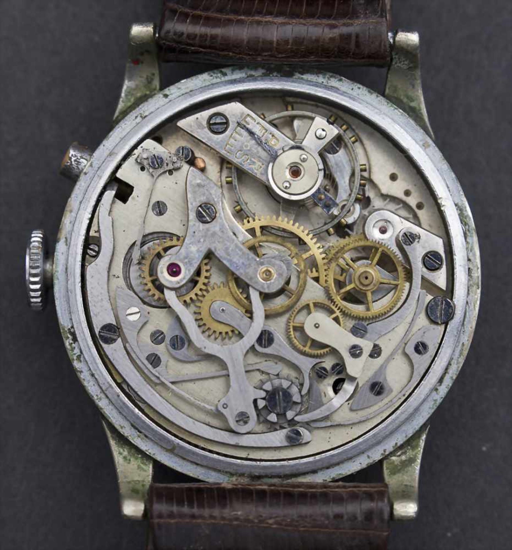 Chronograph, Lemania, Schweiz, um 1935Gehäuse: Metall vernickelt, Boden gedrückt, Stahl,Zifferblatt: - Image 2 of 3