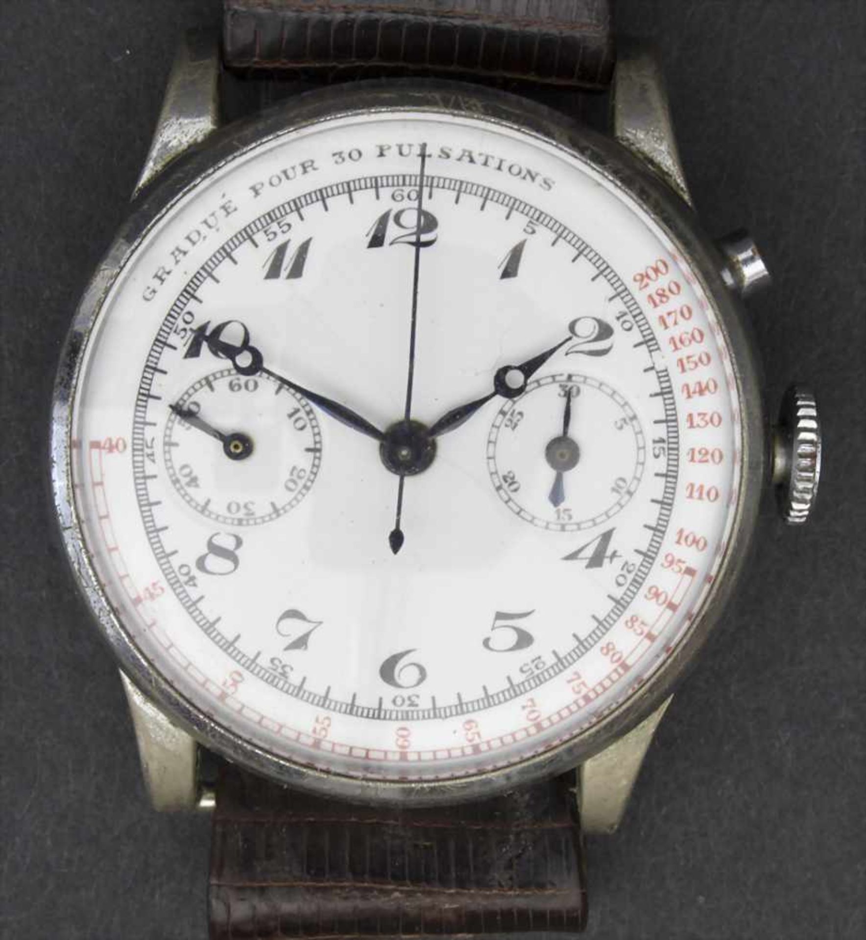 Chronograph, Lemania, Schweiz, um 1935Gehäuse: Metall vernickelt, Boden gedrückt, Stahl,Zifferblatt: