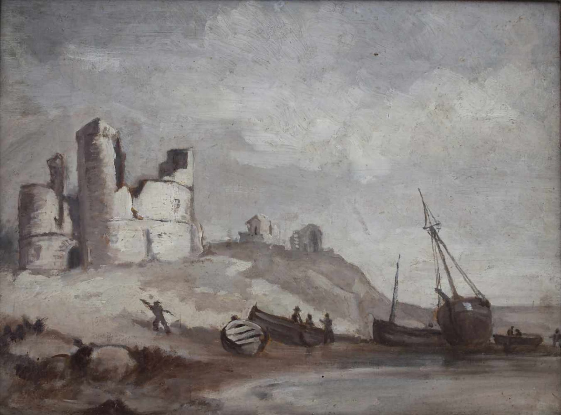 Künstler des 19 Jh., 'Küstenlandschaft mit Booten und Ruinen' / 'A coastal landscape with boats