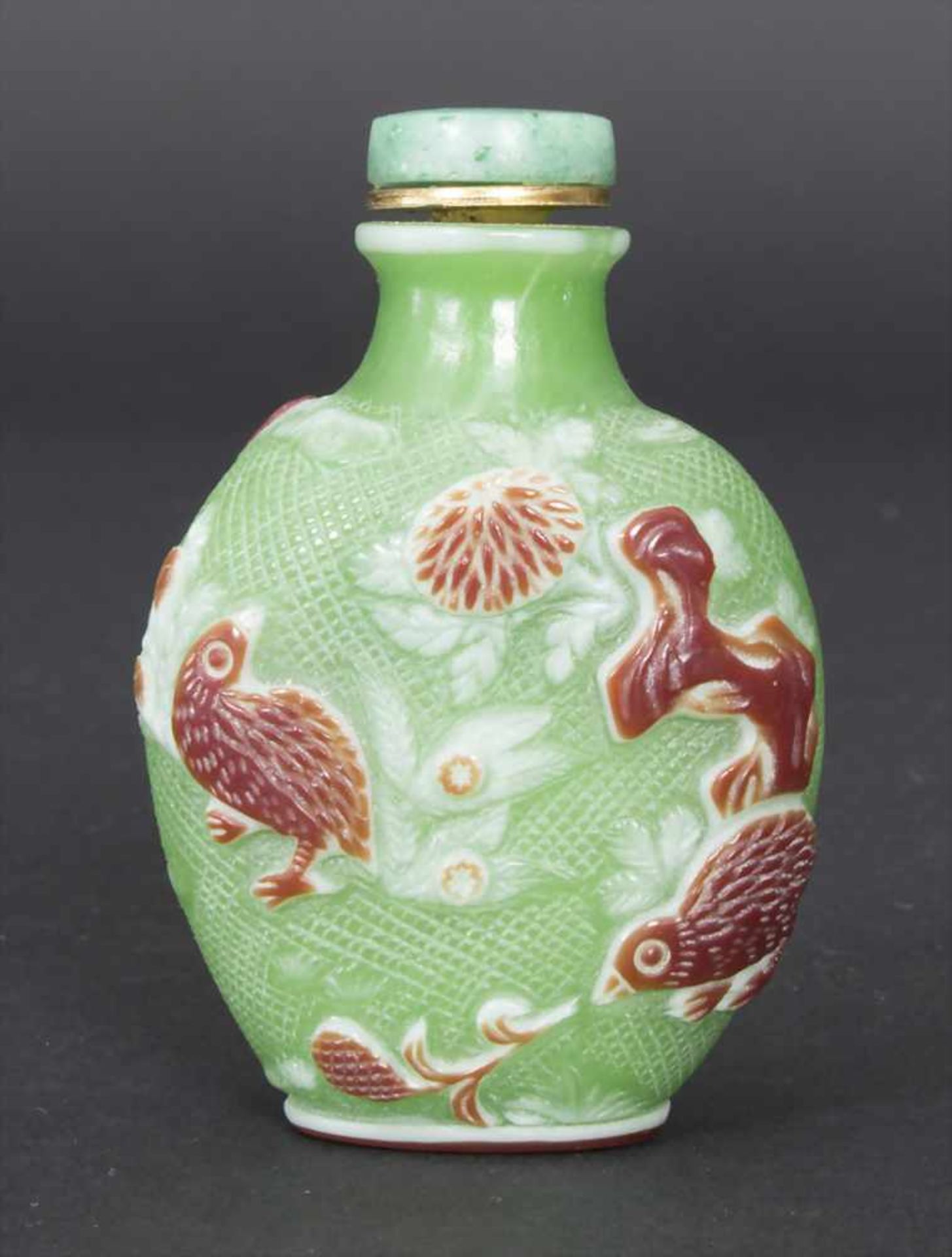 Snuff Bottle, China, um 1900Material: Glas überfangen, Jadestöpsel, Dekor mit Hasen, Wachteln und - Image 5 of 13