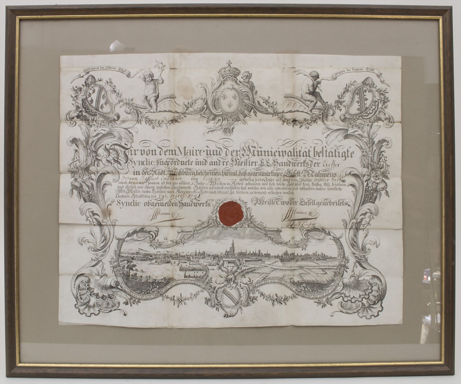 Meisterbrief der Küferzunft / master craftsman's diploma, Straßburg, 1791Technik: Kupferstich auf - Bild 2 aus 3