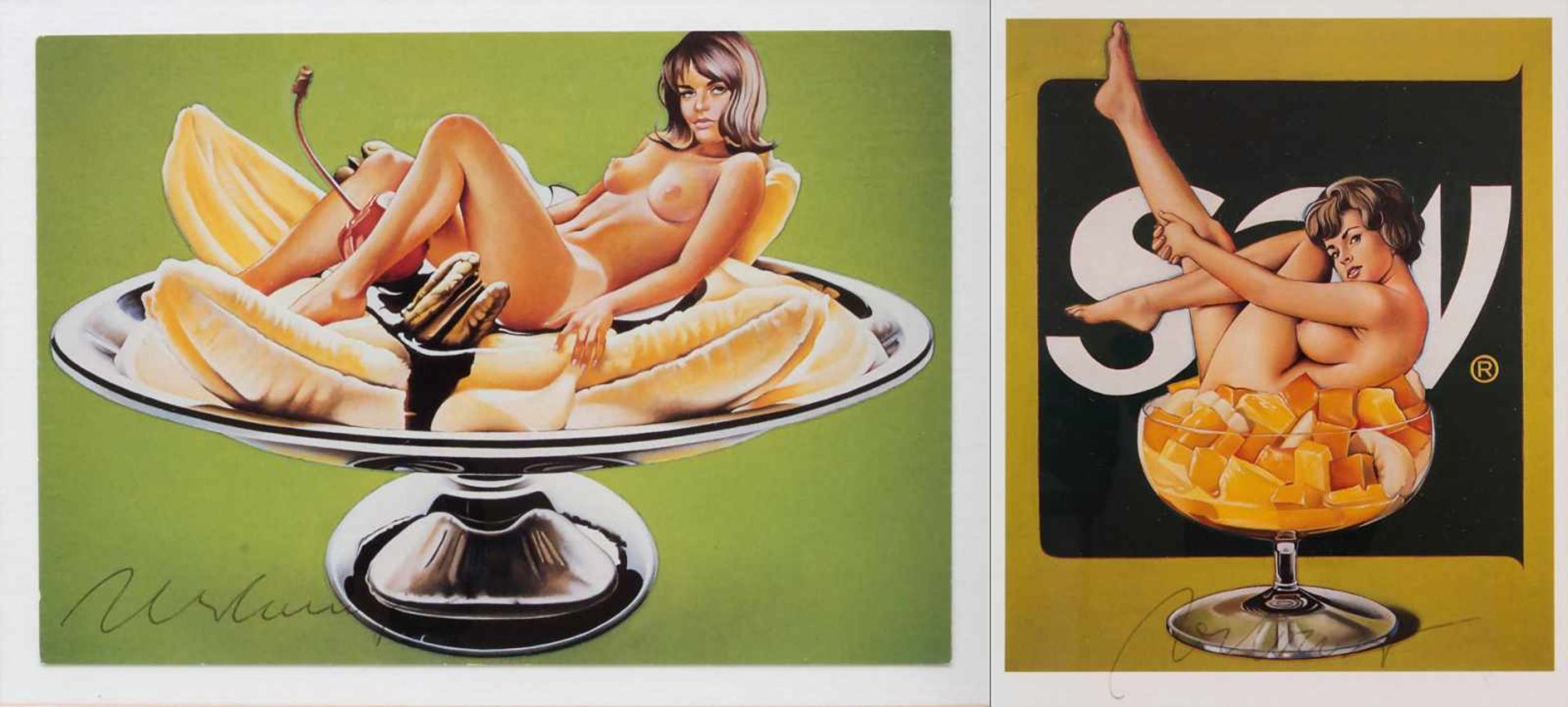Mel Ramos (1935-2018), 2 Postkarten 'Pin-up Mädchen' / '2 pinup girls'Technik: Offsetdruck, gerahmt,